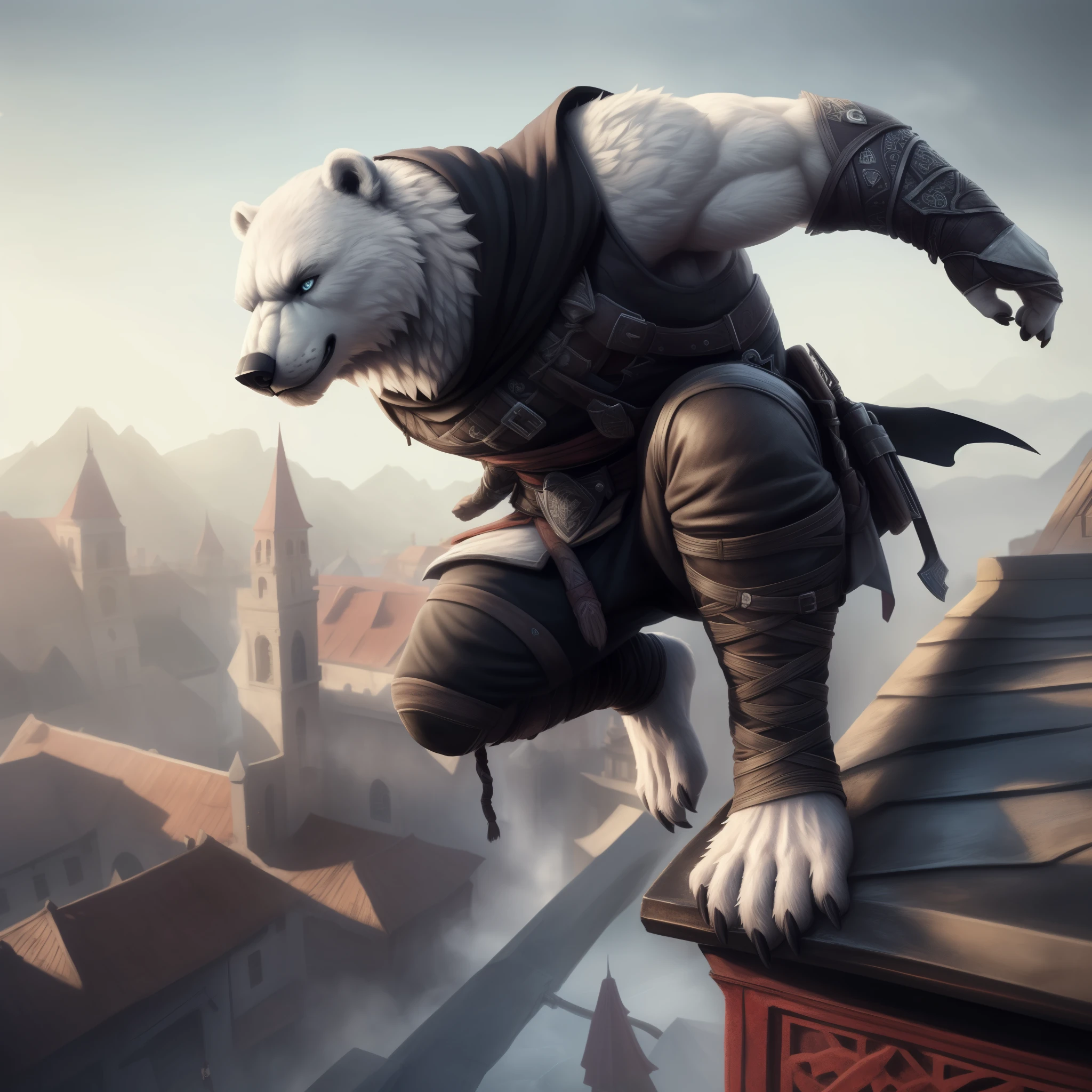 (((Barefoot furry character, full body, cinematic setting, male))) brawny polar bear suited as assassin, Assassin's Creed, ((black assassin suit with hood)), jump from roof, wrist blades, ((using hidden blades)), BREAK, detailed background, 8K, (masterpiece:1.5), intricate details, highly detailed, extreme detail, octane render, fine art, best quality, highres, (detailed face:1.5), ((full_body)), UHD, (((perfect hands)))