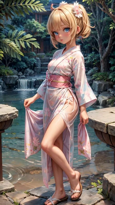 Female, Hime Cut Blonde hair, Blue eyes, brown skin, wearing a white and pink yukata