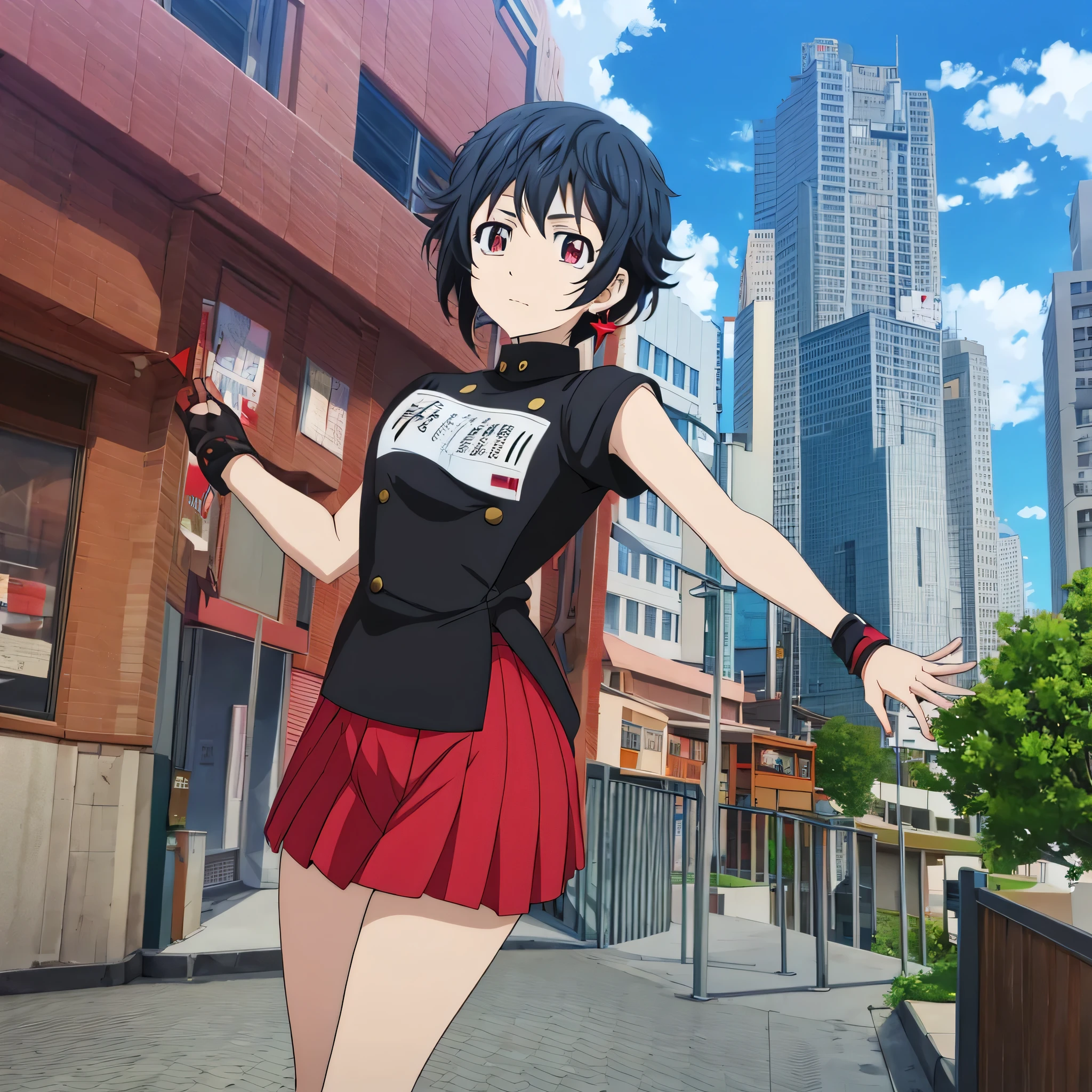 anime Tokyo revengers, a woman has red eyes and black hair, with a short hairstyle, wearing a Japanese School delinquent costume, and wearing high heels with red Earring.