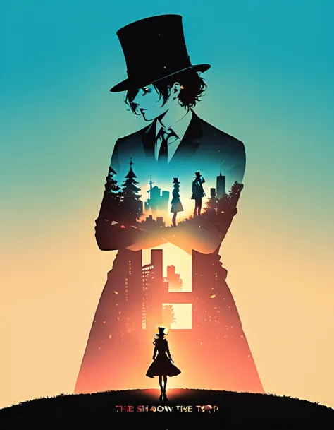 cover &quot;thank&quot;，the shadow of the top hat is cast on the ground，double exposure