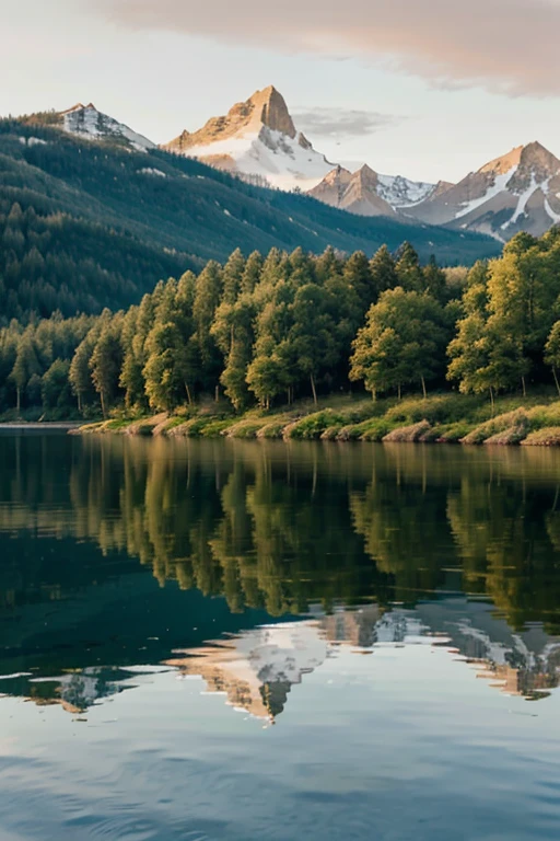 Sunset over a calm lake with forested hills and reflection of the su on the water surface, sunrise over a serene lake with moutainous terrain and reflection of the celestial body on the water surface