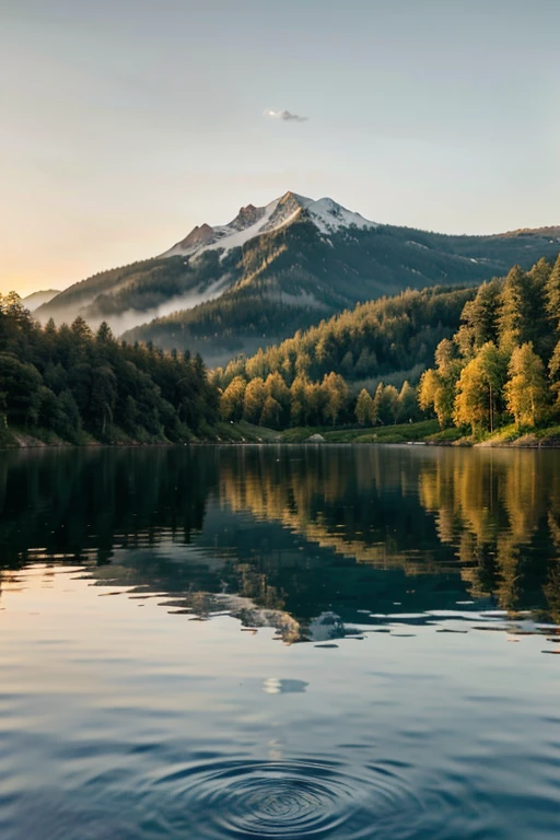 Sunset over a calm lake with forested hills and reflection of the su on the water surface, sunrise over a serene lake with moutainous terrain and reflection of the celestial body on the water surface