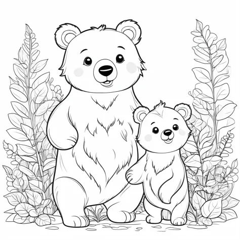 Cute and adorable  Bear and its Cub, coloring page for kids, happy, smiling, surrounded by plants, vector art, minimalistic, vec...