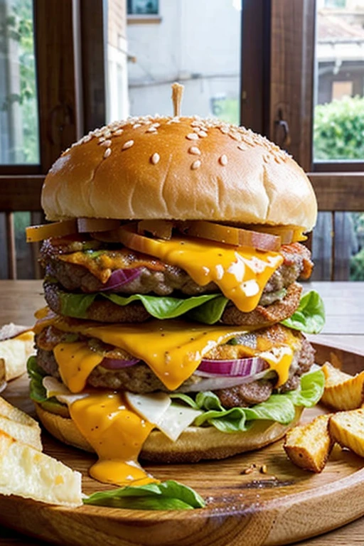 Double cheeseburger with lettuce tomato, onions, and cheddar cheese on a semsame seed bun, on a wooden table, with a side of crispy french fries