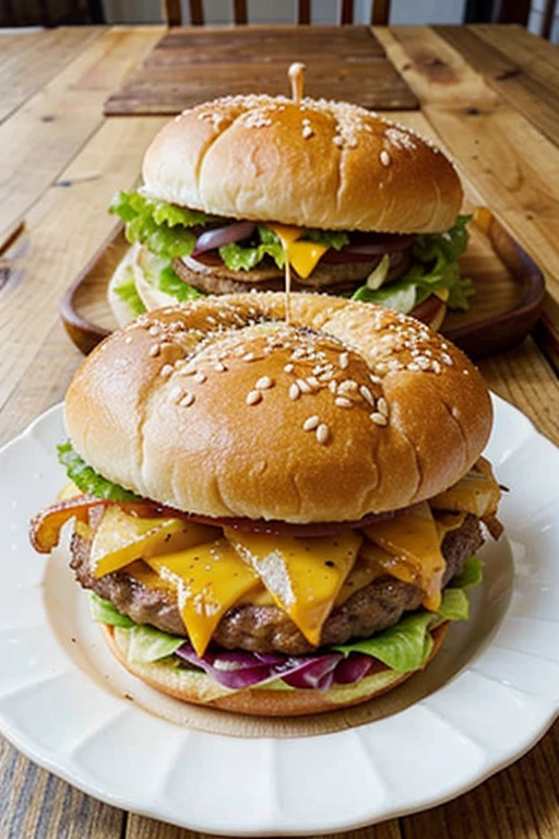 Double cheeseburger with lettuce tomato, onions, and cheddar cheese on a semsame seed bun, on a wooden table, with a side of crispy french fries