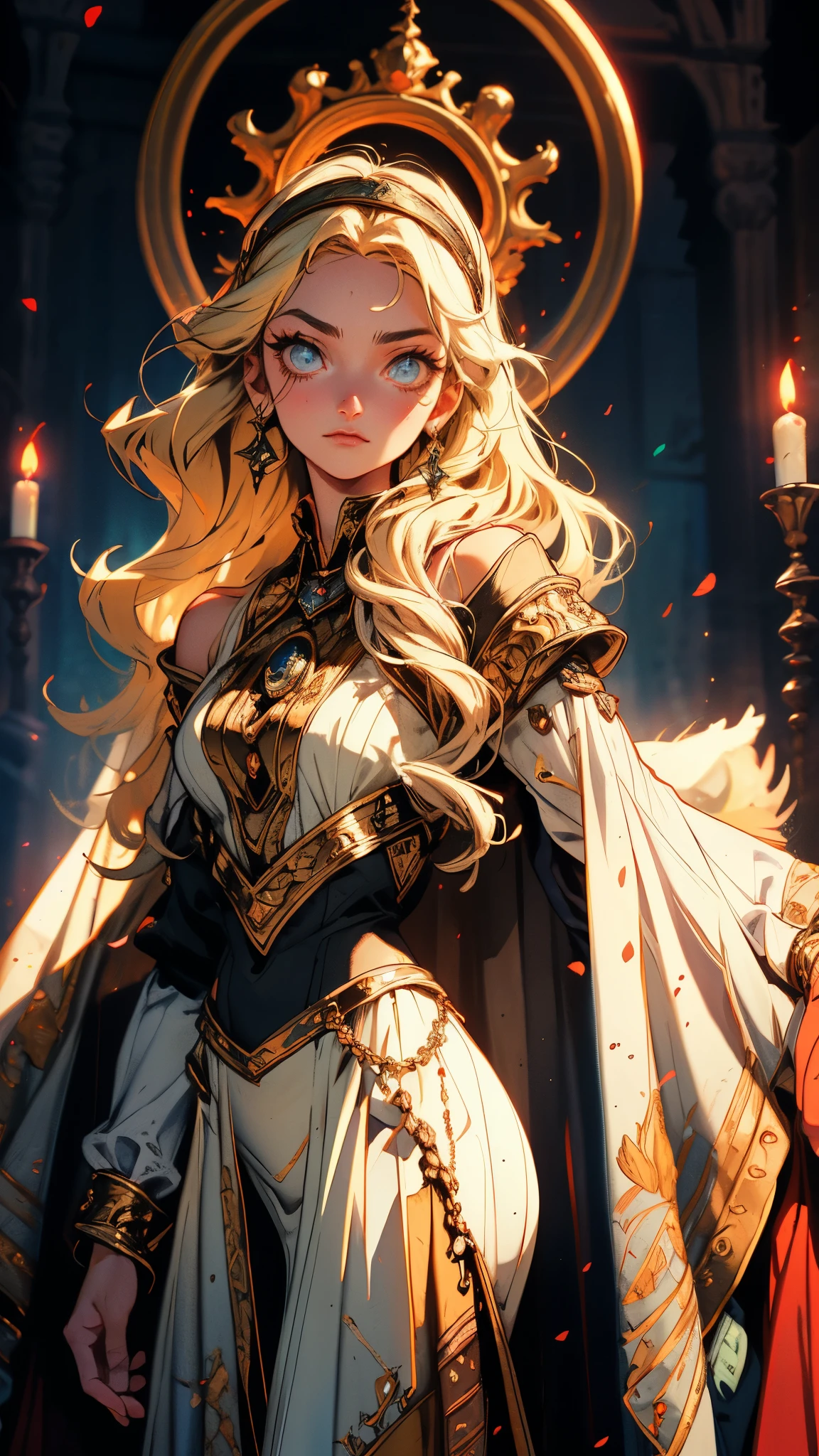 A girl with long golden hair, choppy bangs, Nordic heritage, a  figure, delicate facial features, pale skin, porcelain skin, an innocent yet determined gaze, she wears an exquisite headband, dressed in a two-piece fantasy-style Slavic royal gown, a fur shawl draped over her shoulders, wide sleeves, a luxurious layered skirt, the background features a fantasy-style royal castle, this character embodies a finely crafted fantasy-style Slavic princess in anime style, exquisite and mature manga art style, high definition, best quality, highres, ultra-detailed, ultra-fine painting, extremely delicate, professional, anatomically correct, symmetrical face, extremely detailed eyes and face, high quality eyes, creativity, RAW photo, UHD, 32k, Natural light, cinematic lighting, masterpiece-anatomy-perfect, masterpiece:1.5