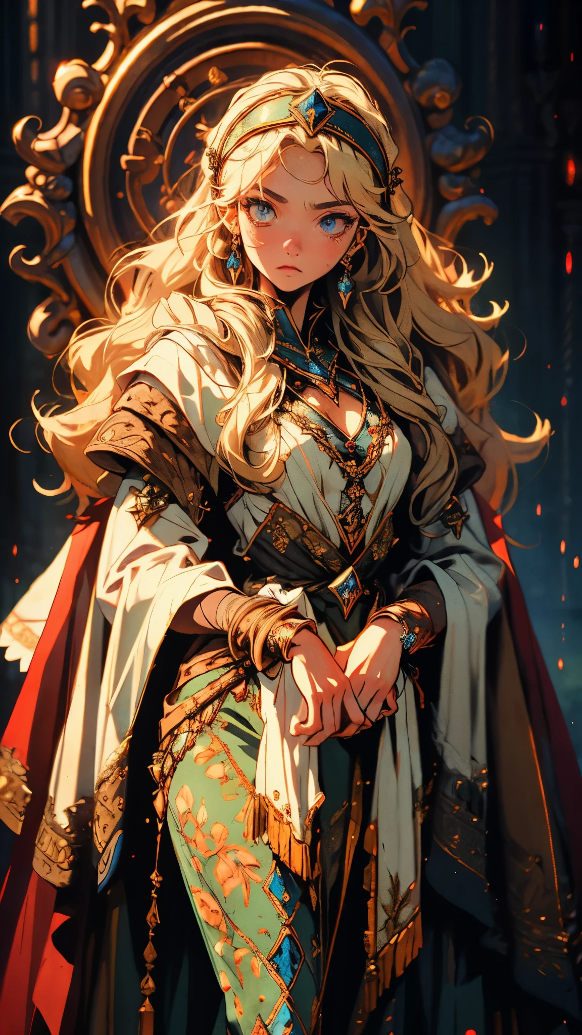 A girl with long golden hair, choppy bangs, Nordic heritage, a  figure, delicate facial features, pale skin, porcelain skin, an innocent yet determined gaze, she wears an exquisite headband, dressed in a two-piece fantasy-style Slavic royal gown, a fur shawl draped over her shoulders, wide sleeves, a luxurious layered skirt, the background features a fantasy-style royal castle, this character embodies a finely crafted fantasy-style Slavic princess in anime style, exquisite and mature manga art style, high definition, best quality, highres, ultra-detailed, ultra-fine painting, extremely delicate, professional, anatomically correct, symmetrical face, extremely detailed eyes and face, high quality eyes, creativity, RAW photo, UHD, 32k, Natural light, cinematic lighting, masterpiece-anatomy-perfect, masterpiece:1.5