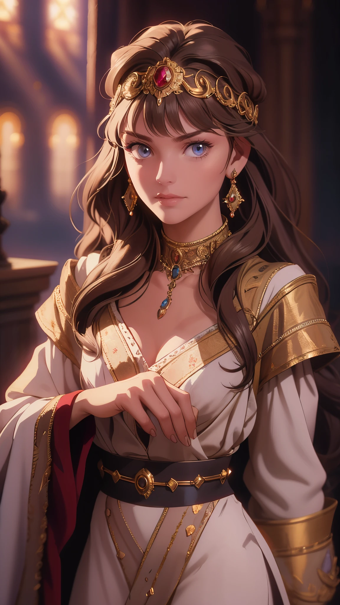 A girl with long golden hair, choppy bangs, Nordic heritage, a  figure, delicate facial features, pale skin, porcelain skin, an innocent yet determined gaze, she wears an exquisite headband, dressed in a fantasy-style Slavic royal dress, a fur shawl draped over her shoulders, wide sleeves, a luxurious layered skirt, the background features a fantasy-style royal castle, this character embodies a finely crafted fantasy-style Slavic princess in anime style, exquisite and mature manga art style, high definition, best quality, highres, ultra-detailed, ultra-fine painting, extremely delicate, professional, anatomically correct, symmetrical face, extremely detailed eyes and face, high quality eyes, creativity, RAW photo, UHD, 32k, Natural light, cinematic lighting, masterpiece-anatomy-perfect, masterpiece:1.5