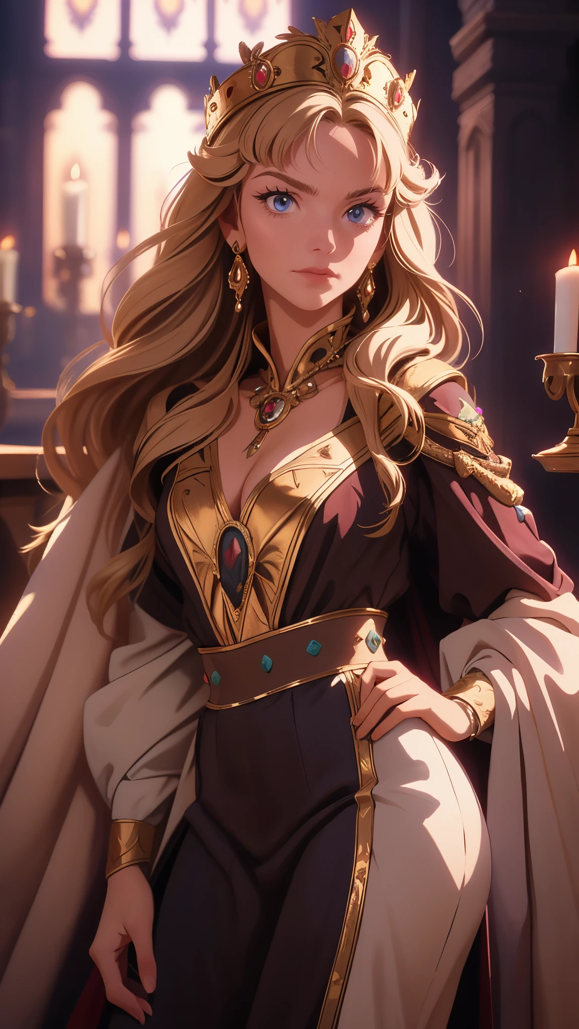 A girl with long golden hair, choppy bangs, Nordic heritage, a petite figure, delicate facial features, pale skin, porcelain skin, an innocent yet determined gaze, she wears an exquisite headband, dressed in a fantasy-style Slavic royal dress, a fur shawl draped over her shoulders, wide sleeves, a luxurious layered skirt, the background features a fantasy-style royal castle, this character embodies a finely crafted fantasy-style Slavic princess in anime style, exquisite and mature manga art style, high definition, best quality, highres, ultra-detailed, ultra-fine painting, extremely delicate, professional, anatomically correct, symmetrical face, extremely detailed eyes and face, high quality eyes, creativity, RAW photo, UHD, 32k, Natural light, cinematic lighting, masterpiece-anatomy-perfect, masterpiece:1.5