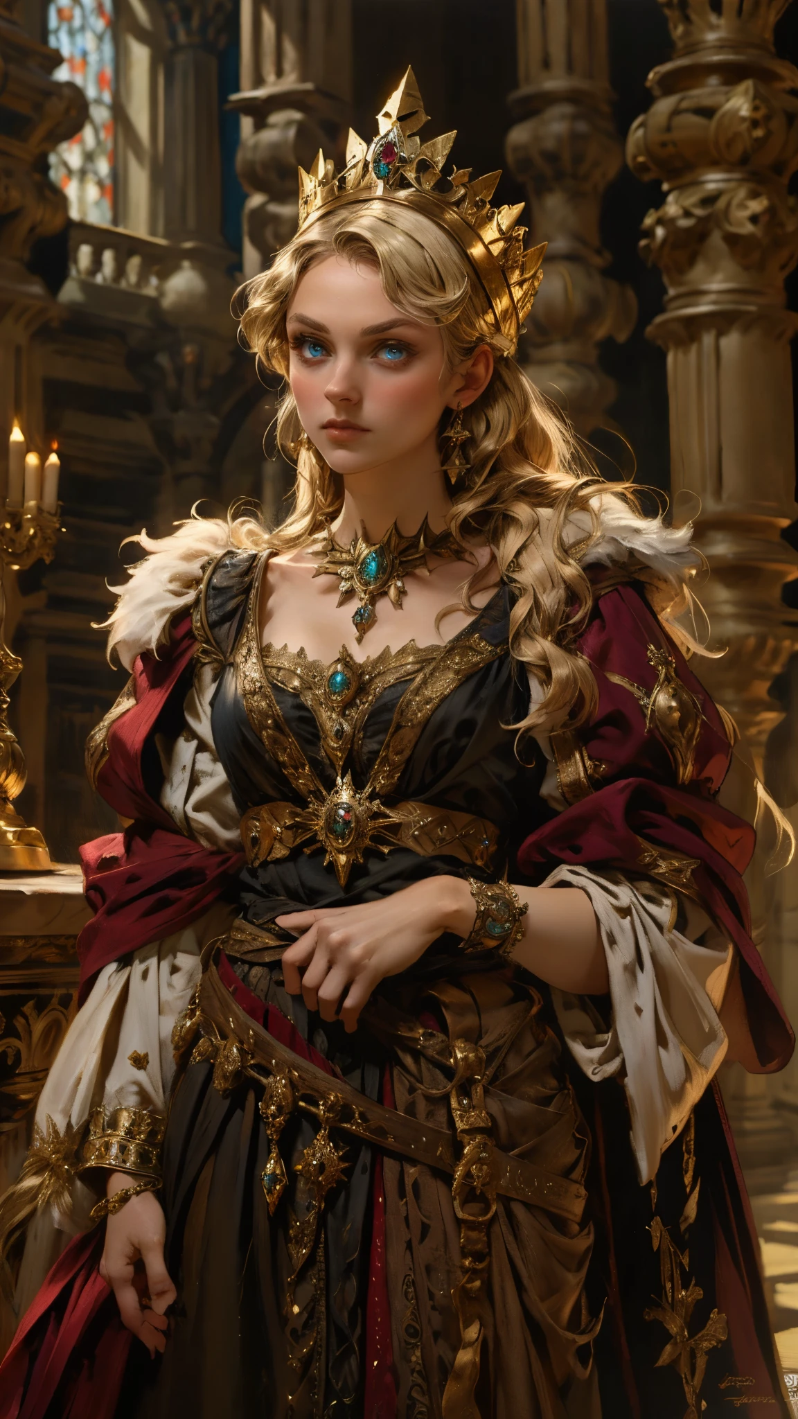 A girl with long golden hair, choppy bangs, Nordic heritage, a petite figure, delicate facial features, pale skin, porcelain skin, an innocent yet determined gaze, she wears an exquisite headband, dressed in a fantasy-style Slavic royal dress, a fur shawl draped over her shoulders, wide sleeves, a luxurious layered skirt, the background features a fantasy-style royal castle, this character embodies a finely crafted fantasy-style Slavic princess in anime style, exquisite and mature manga art style, high definition, best quality, highres, ultra-detailed, ultra-fine painting, extremely delicate, professional, anatomically correct, symmetrical face, extremely detailed eyes and face, high quality eyes, creativity, RAW photo, UHD, 32k, Natural light, cinematic lighting, masterpiece-anatomy-perfect, masterpiece:1.5