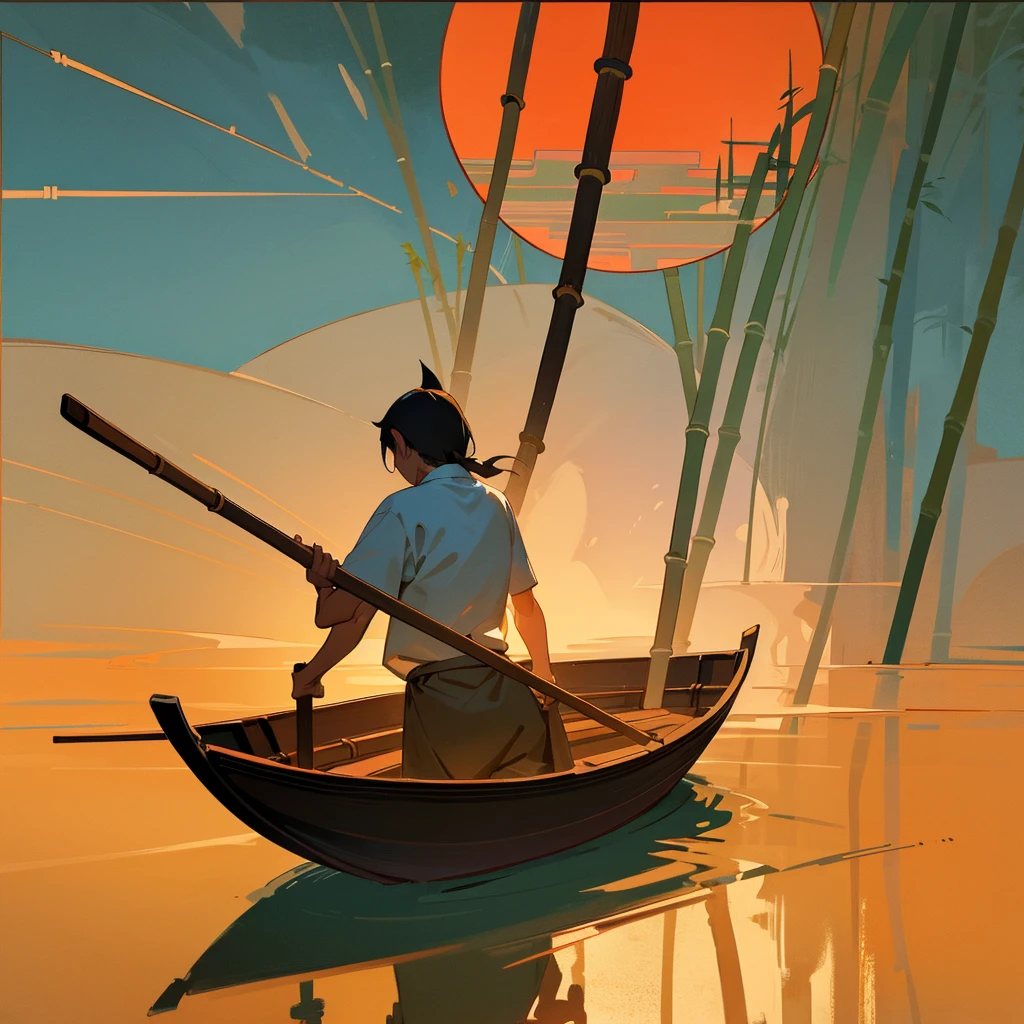 Acrylic, minimalistic, in the style of Chinese engravings, boatman on a bamboo raft, floating, bamboo paddle, sunset, academic composition, the mirrored surface of the water, digital painting,  digital illustration,  extreme detail,  digital art,  4k,  ultra hd