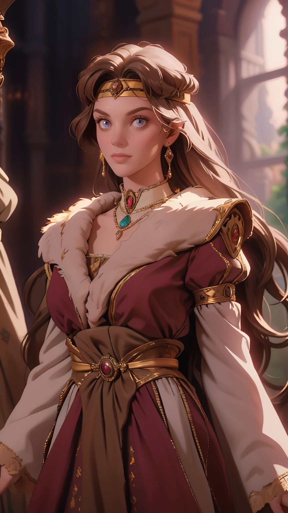 A girl with long golden hair, choppy bangs, Nordic heritage, a  figure, delicate facial features, pale skin, porcelain skin, an innocent yet determined gaze, she wears an exquisite headband, dressed in a fantasy-style Slavic royal dress, a fur shawl draped over her shoulders, wide sleeves, a luxurious layered skirt, the background features a fantasy-style royal castle, this character embodies a finely crafted fantasy-style Slavic princess in anime style, exquisite and mature manga art style, high definition, best quality, highres, ultra-detailed, ultra-fine painting, extremely delicate, professional, anatomically correct, symmetrical face, extremely detailed eyes and face, high quality eyes, creativity, RAW photo, UHD, 32k, Natural light, cinematic lighting, masterpiece-anatomy-perfect, masterpiece:1.5