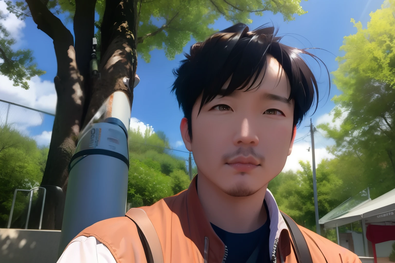 solo, looking at viewer, short hair, bangs, brown hair, shirt, 1boy, closed mouth, jacket, white shirt, upper body, male focus, outdoors, sky, day, mole, blurry, tree, blue sky, lips, blurry background, facial hair, realistic, stubble