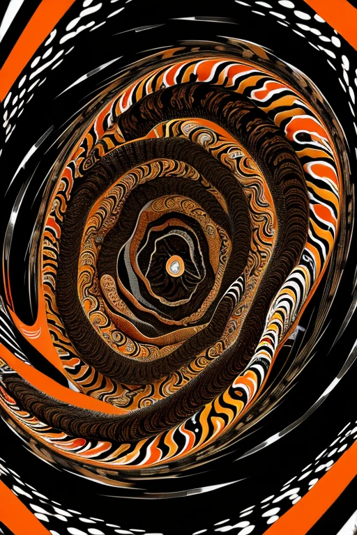 Abstract swirling pattern with multiple colors including orange creating a spiral illusion in a black and withe color scheme