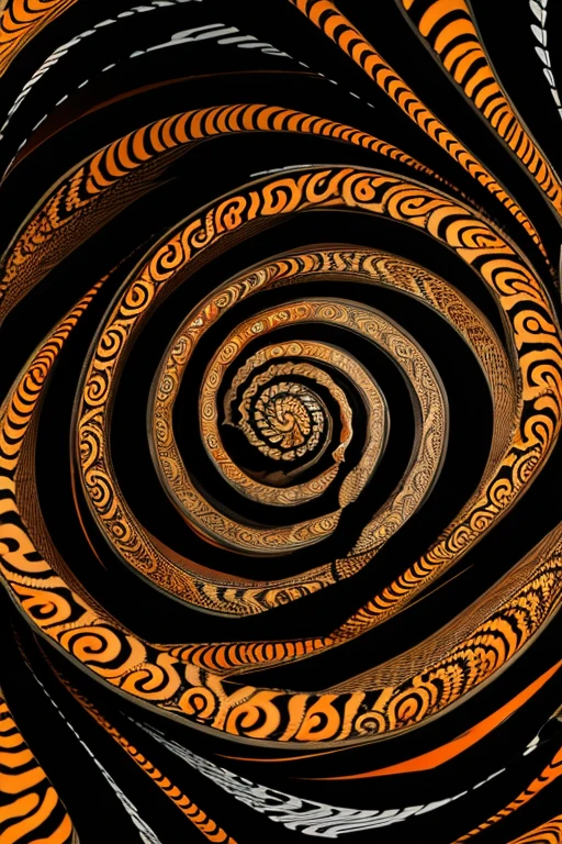Abstract swirling pattern with multiple colors including orange creating a spiral illusion in a black and withe color scheme