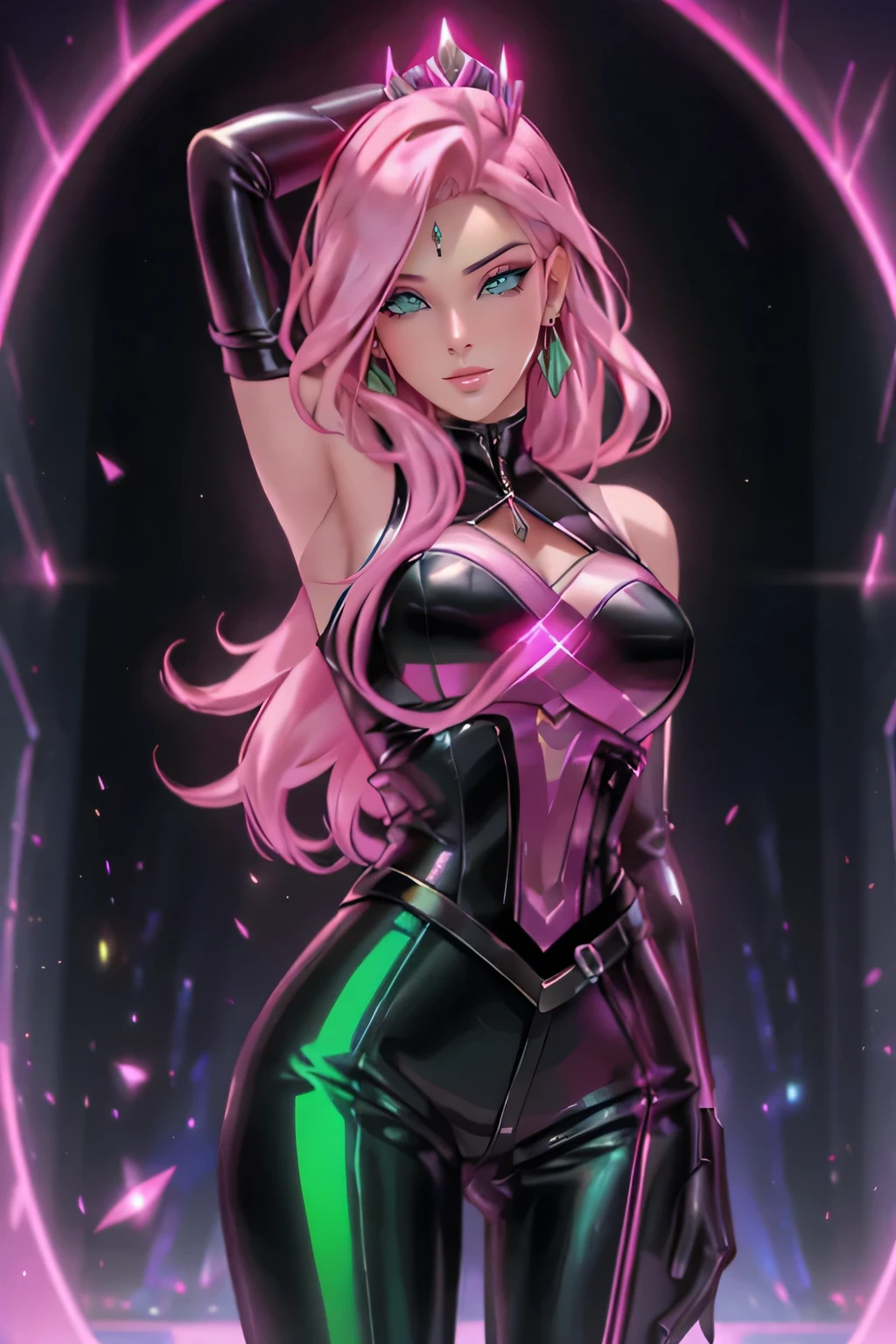 (pink hair: 1.1, green eyes: 1.1, sexy pose: 1.1, singer: 1.1, hair with pink highlights: 1.1, shiny, black leather outfit, powerful, queen). She exudes confidence and charisma with a microphone in hand, ready to captivate audiences with her mesmerizing voice. Her eyes glow an enchanting shade of green, drawing you into her world. Her vibrant pink hair, styled perfectly, cascades down her back, reflecting the sunlight and adding a touch of ethereal beauty. The bright lights illuminate her, highlighting every curve of her face, reflecting off her glossy lips. She wears a striking black leather outfit that accentuates and highlights her powerful presence, exuding a sense of strength and dominance. As the queen of her craft, she commands attention with her mesmerizing performance and leaves a lasting impression on all who witness her artistic talent.
