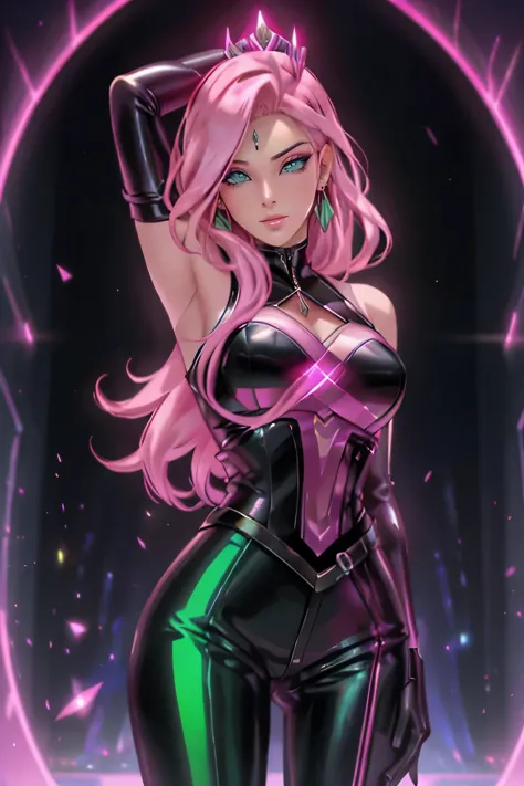 (pink hair: 1.1, green eyes: 1.1, sexy pose: 1.1, singer: 1.1, hair with pink highlights: 1.1, shiny, black leather outfit, powe...