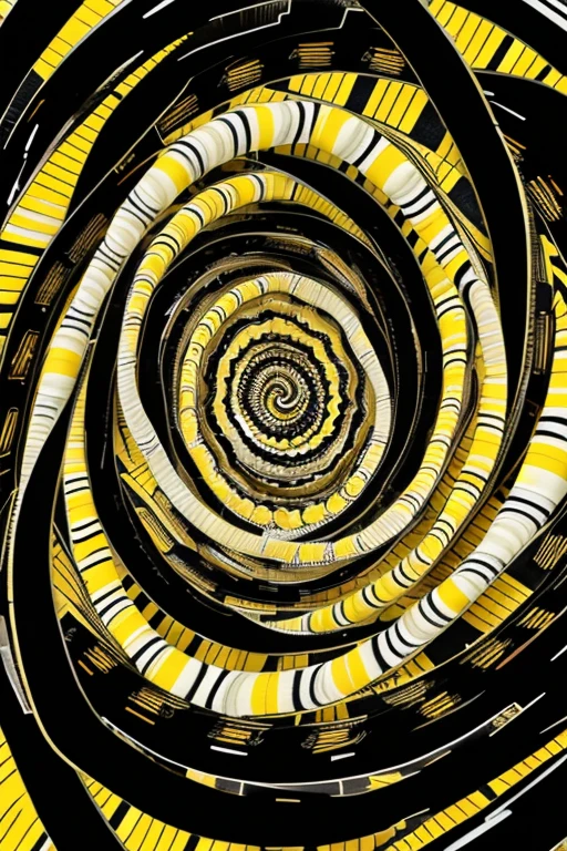 Abstract swirling pattern with multiple colors including yellow creating a spiral illusion in a black and withe color scheme