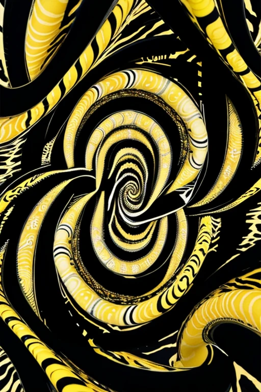 Abstract swirling pattern with multiple colors including yellow creating a spiral illusion in a black and withe color scheme