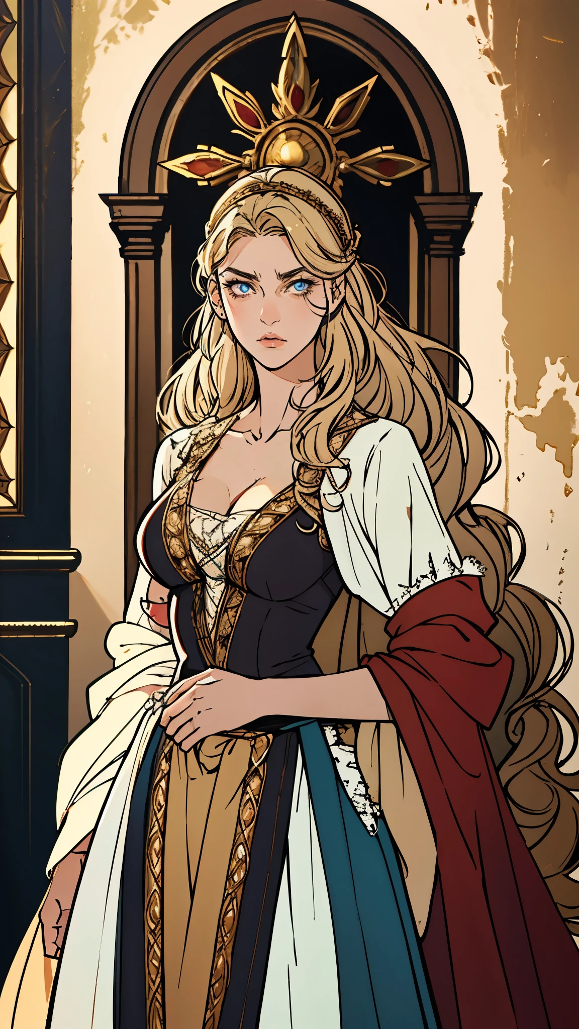 A girl with long golden hair, choppy bangs, Nordic heritage, a  figure, delicate facial features, pale skin, porcelain skin, an innocent yet determined gaze, she wears an exquisite headband, dressed in a fantasy-style Slavic royal dress, a fur shawl draped over her shoulders, wide sleeves, a luxurious layered skirt, the background features a fantasy-style royal castle, this character embodies a finely crafted fantasy-style Slavic princess in anime style, exquisite and mature manga art style, high definition, best quality, highres, ultra-detailed, ultra-fine painting, extremely delicate, professional, anatomically correct, symmetrical face, extremely detailed eyes and face, high quality eyes, creativity, RAW photo, UHD, 32k, Natural light, cinematic lighting, masterpiece-anatomy-perfect, masterpiece:1.5