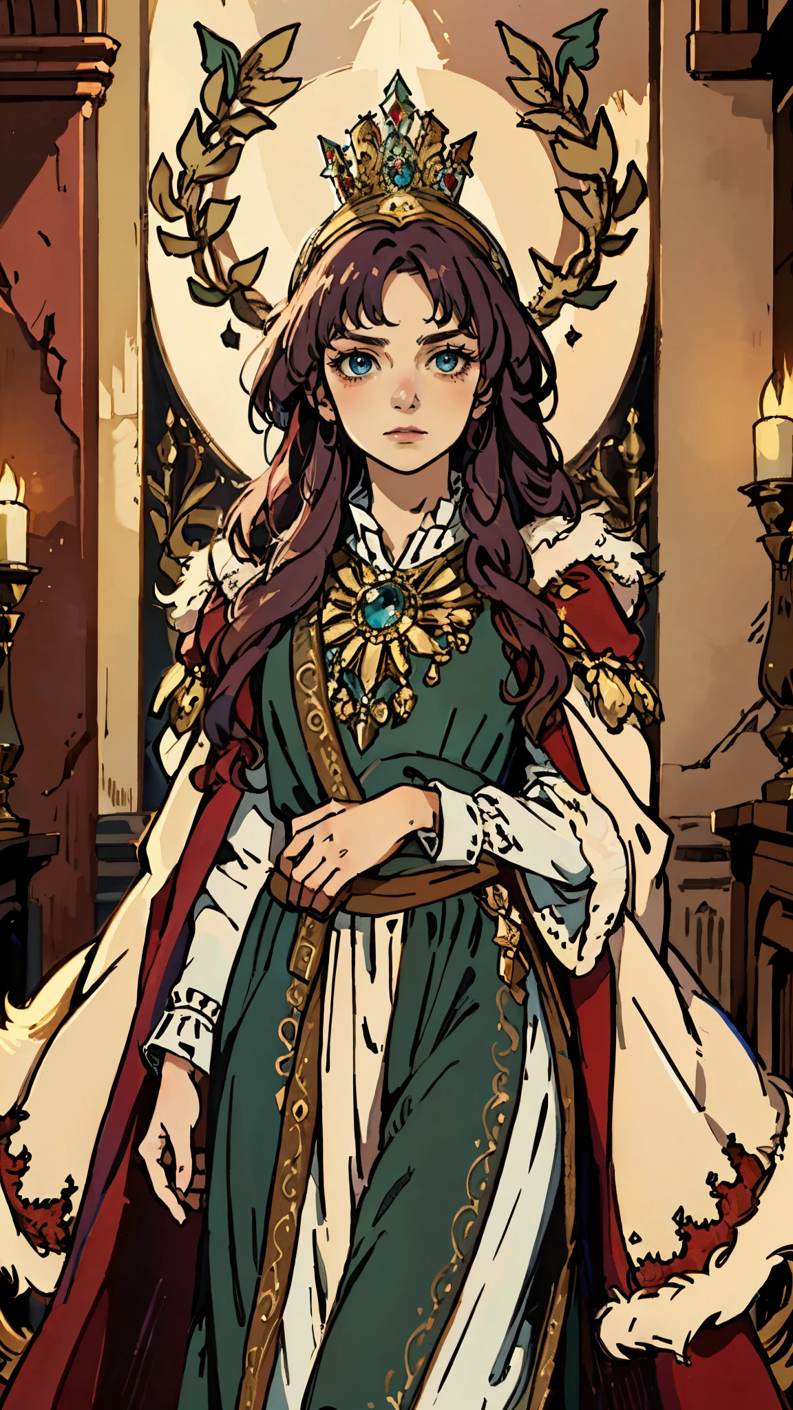 A girl with long golden hair, choppy bangs, Nordic heritage, a  figure, delicate facial features, pale skin, porcelain skin, an innocent yet determined gaze, she wears an exquisite headband, dressed in a fantasy-style Slavic royal dress, a fur shawl draped over her shoulders, wide sleeves, a luxurious layered skirt, the background features a fantasy-style royal castle, this character embodies a finely crafted fantasy-style Slavic princess in anime style, exquisite and mature manga art style, high definition, best quality, highres, ultra-detailed, ultra-fine painting, extremely delicate, professional, anatomically correct, symmetrical face, extremely detailed eyes and face, high quality eyes, creativity, RAW photo, UHD, 32k, Natural light, cinematic lighting, masterpiece-anatomy-perfect, masterpiece:1.5