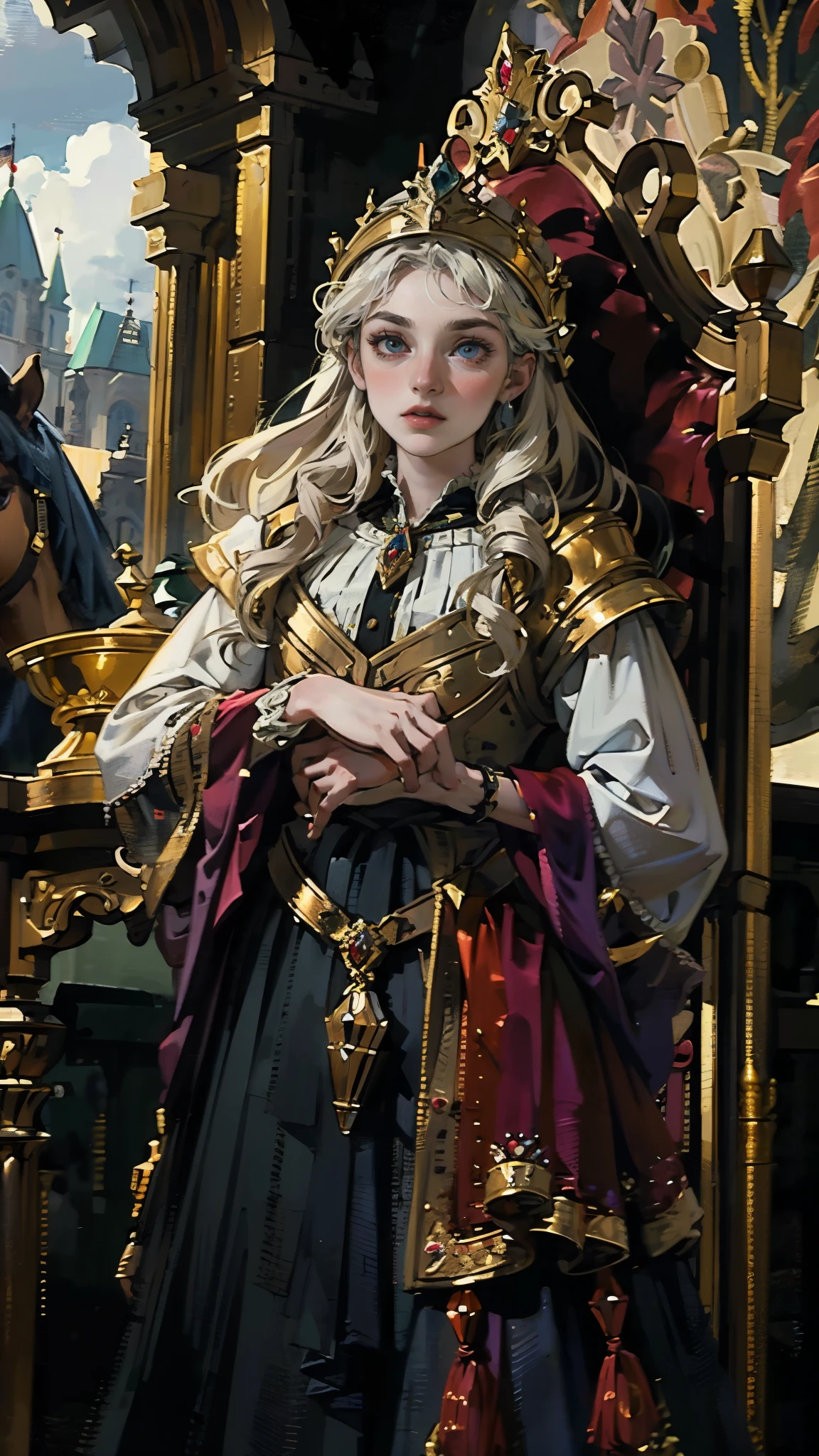 A girl with long golden hair, choppy bangs, Nordic heritage, a  figure, delicate facial features, pale skin, porcelain skin, an innocent yet determined gaze, she wears an exquisite headband, dressed in a fantasy-style Slavic royal dress, a fur shawl draped over her shoulders, wide sleeves, a luxurious layered skirt, the background features a fantasy-style royal castle, this character embodies a finely crafted fantasy-style Slavic princess in anime style, exquisite and mature manga art style, high definition, best quality, highres, ultra-detailed, ultra-fine painting, extremely delicate, professional, anatomically correct, symmetrical face, extremely detailed eyes and face, high quality eyes, creativity, RAW photo, UHD, 32k, Natural light, cinematic lighting, masterpiece-anatomy-perfect, masterpiece:1.5