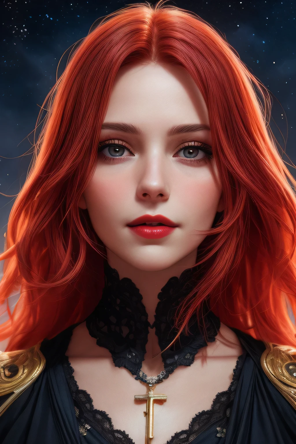 portrait shot, ((vivid red hair)), mature woman, 30 years old, diamond face, medium breast, moonlight, red starry sky background, depth of field, magic, big red lips, ((dark black eyes)) (Detailed beautiful eyes) red long and full dress, covered chest, mystical atmosphere, ominous shadows, Intense blue aura, Intense red aura (best quality:1.2), absurdres, intricate details, (highly detailed skin:1.2), smile expression, posing, taut and well defined body, attractive. Highly realistic, pale skin, beautiful, hyperrealism, skin very elaborated, direct gaze AB JLEE3, Complex facial details for all characters, Expressive eyes and nose and mouth, unzoom, author：Jim Lee Right Section Centered, Key, Visual, Complex, Highly Detailed, Breathtaking, Precise Line Art, Vibrant Panorama Film
