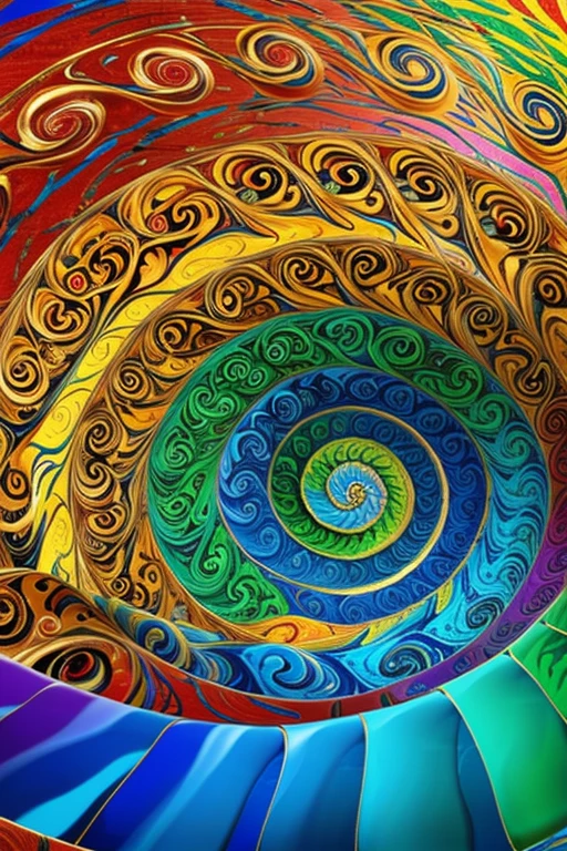 Abstract swirling pattern with multiple colors including blue creating a spiral illusion in a vibrant rainbow color scheme