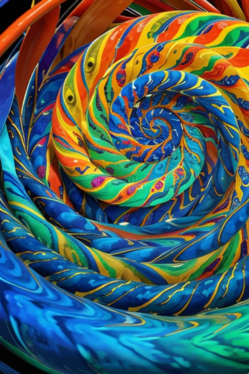 Abstract swirling pattern with multiple colors including blue creating a spiral illusion in a vibrant rainbow color scheme