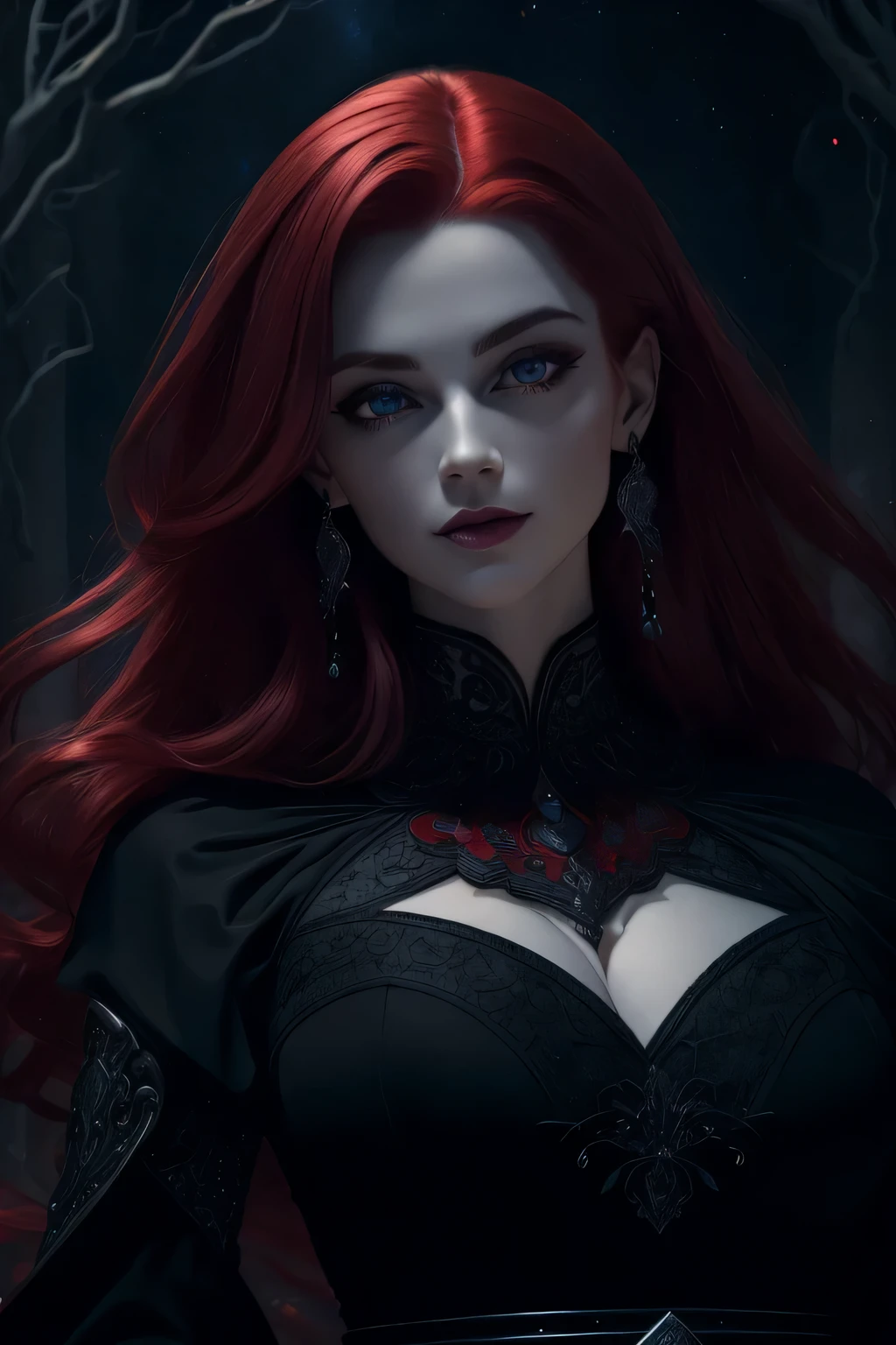 portrait shot, ((vivid red hair)), mature woman, 30 years old, diamond face, moonlight, red starry sky background, depth of field, magic, big red lips, ((dark black eyes)) black and red long and full dress, covered chest, mystical atmosphere, ominous shadows, Intense blue aura, Intense red aura (best quality:1.2), absurdres, intricate details, (highly detailed skin:1.2), smile expression, posing, taut and well defined body, attractive. Highly realistic, pale skin, beautiful, hyperrealism, skin very elaborated, direct gaze
