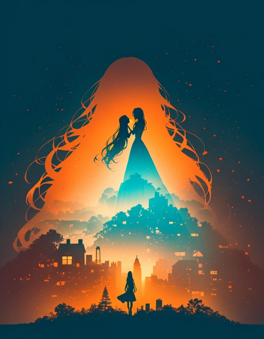 cover design，“wind”，&quot;The movie Gone with the Wind&quot; main character&#39;s shadow is projected on the ground，extra long hair，double exposure，blue，Orange，kiss