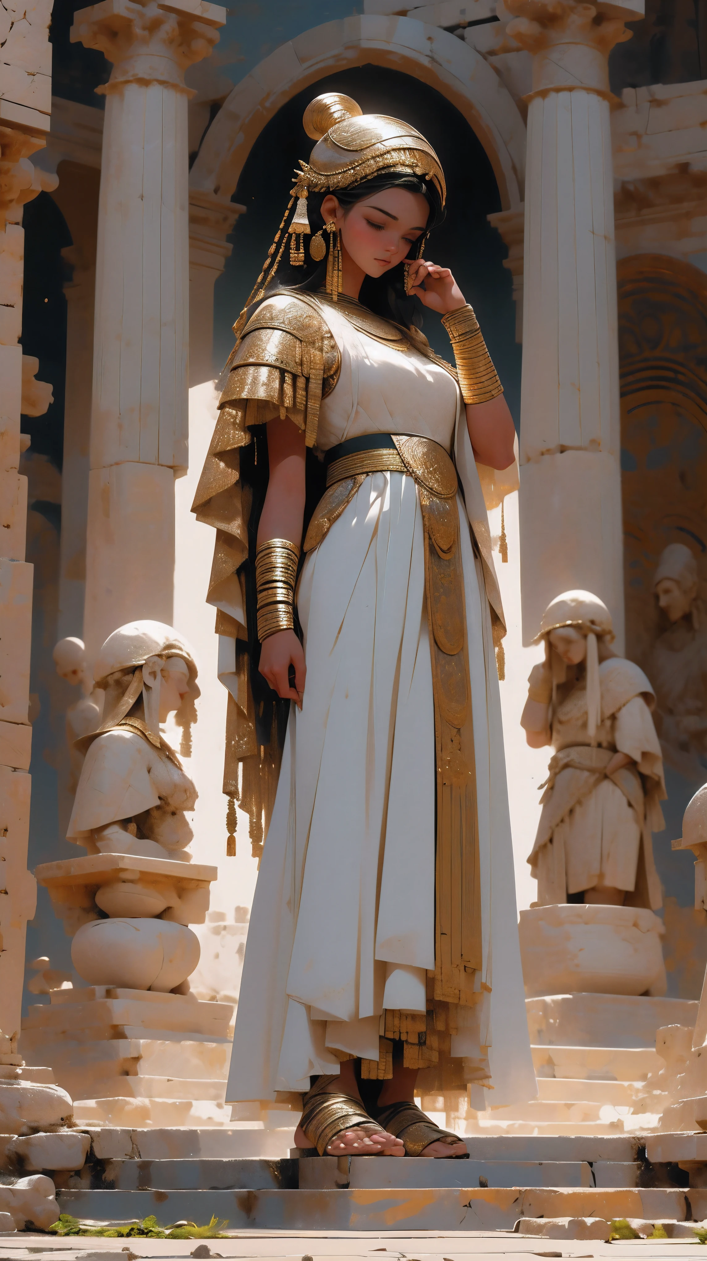 ((best quality,4k,8k,highres,masterpiece:1.2),ultra-detailed,(realistic,photorealistic,photorealistic:1.37), Ultra-detailed, ultra-resolution image with the best quality traits, attempting to achieve a photorealistic masterpiece. It shows a young Greek woman with dark hair, dressed in traditional ancient Greek attire. She is portrayed wearing a pure white dress typical of the period, along with gold-colored sandals that complement her outfit. Her appearance evokes the grace and simplicity of ancient Greek fashion, with her dark hair loosely arranged in a style reminiscent of classic sculptures. The scene envelops her in a timeless aura, making one feel as if they've been transported back to the golden age of ancient Greece.


