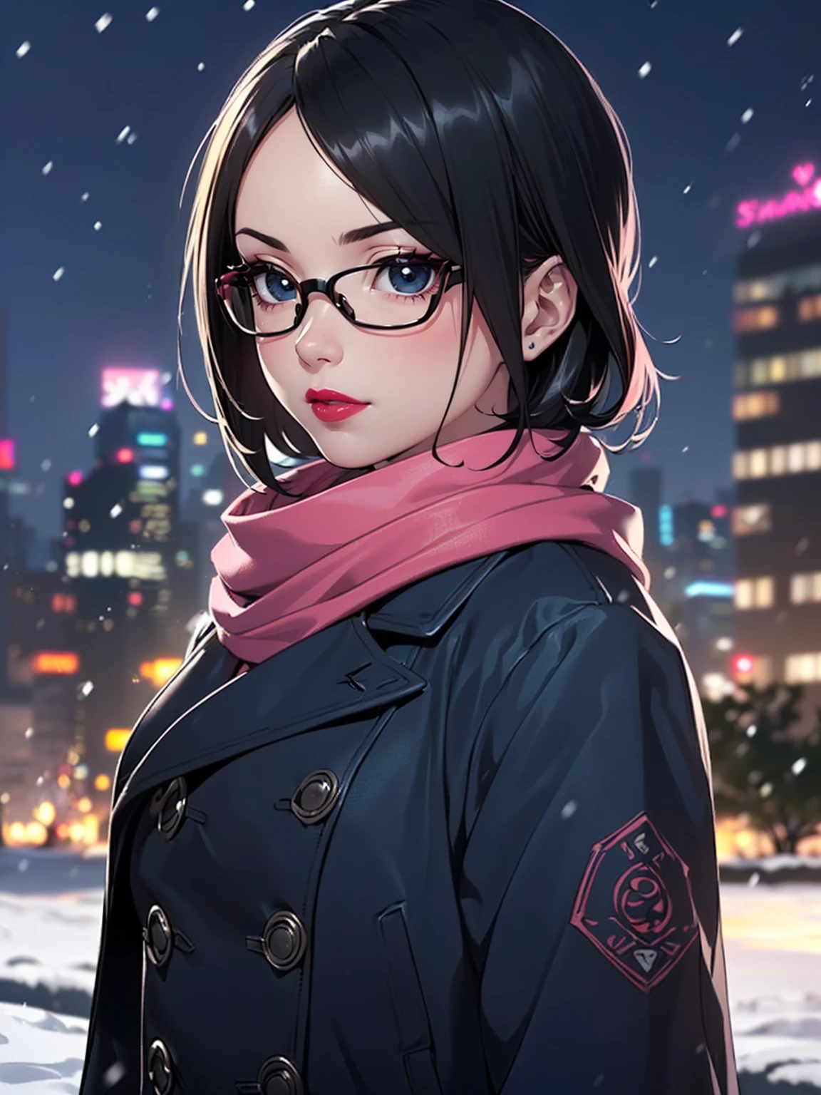 (1girl, solo, alone), (WakatsukiRisa, Sarada Uchiha, black hair, short hair, black eyes, red glasses), ((solo, (1woman, (small bust), pink lipstick, black eyes), Extremely detailed, ambient soft lighting, 4k, perfect eyes, a perfect face, perfect lighting, a 1girl)), ((fitness, muscular, shapely body, athletic body, toned body)), ((seductive look, seducing, sensualizing, excited)), (((emphasis lines:1.3), blue scarf, (long black coat, (closed coat), black coat), black gloves, (outdoors), handheld transceiver, (city), night, cold clothes, ((winter clothes, blue scarf)), snowing))