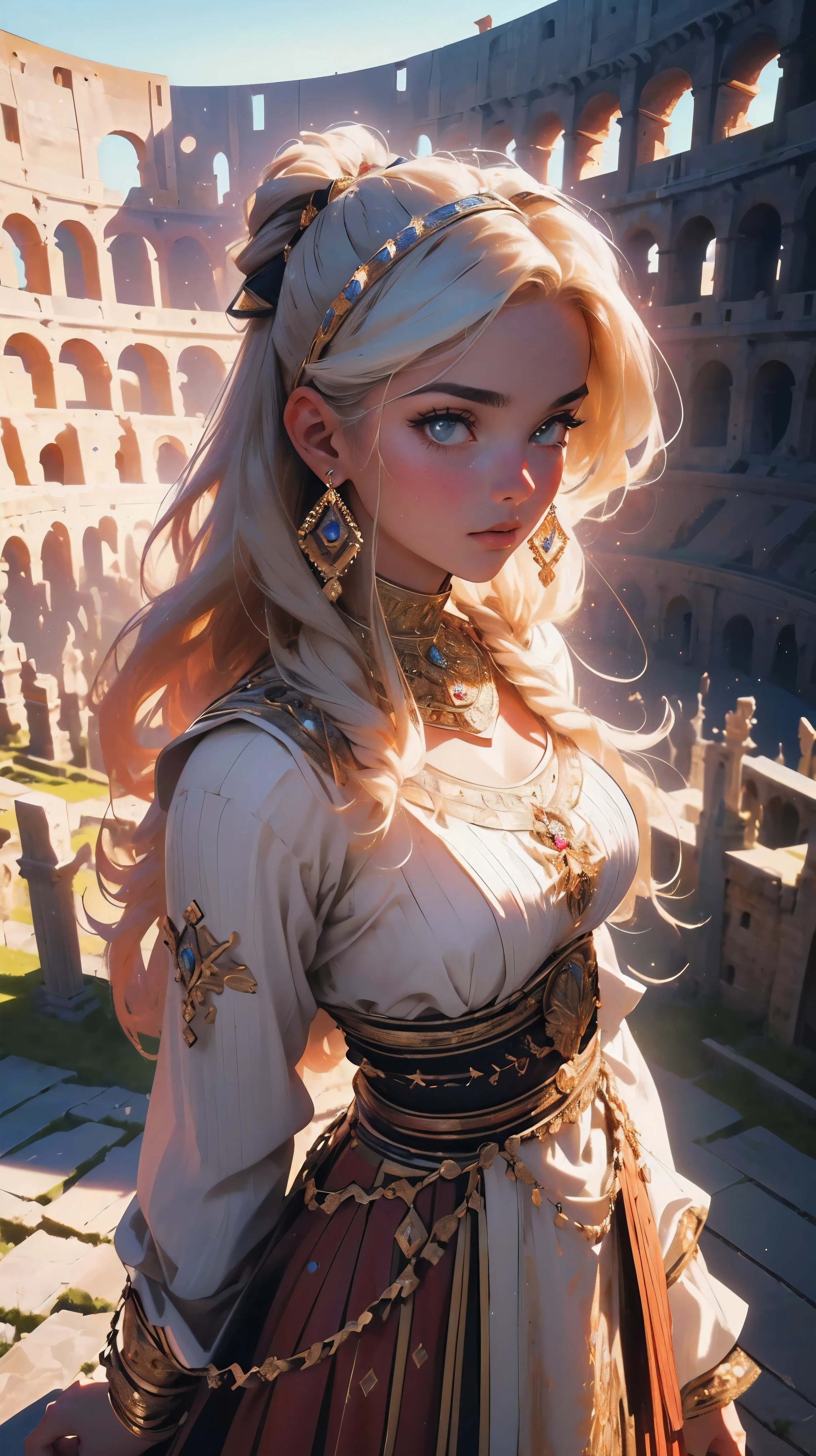 ((best quality,4k,8k,highres,masterpiece:1.2),ultra-detailed,(realistic,photorealistic,photorealistic:1.37), /ancient Roma young woman, traditional dress, Colosseum, ancient city