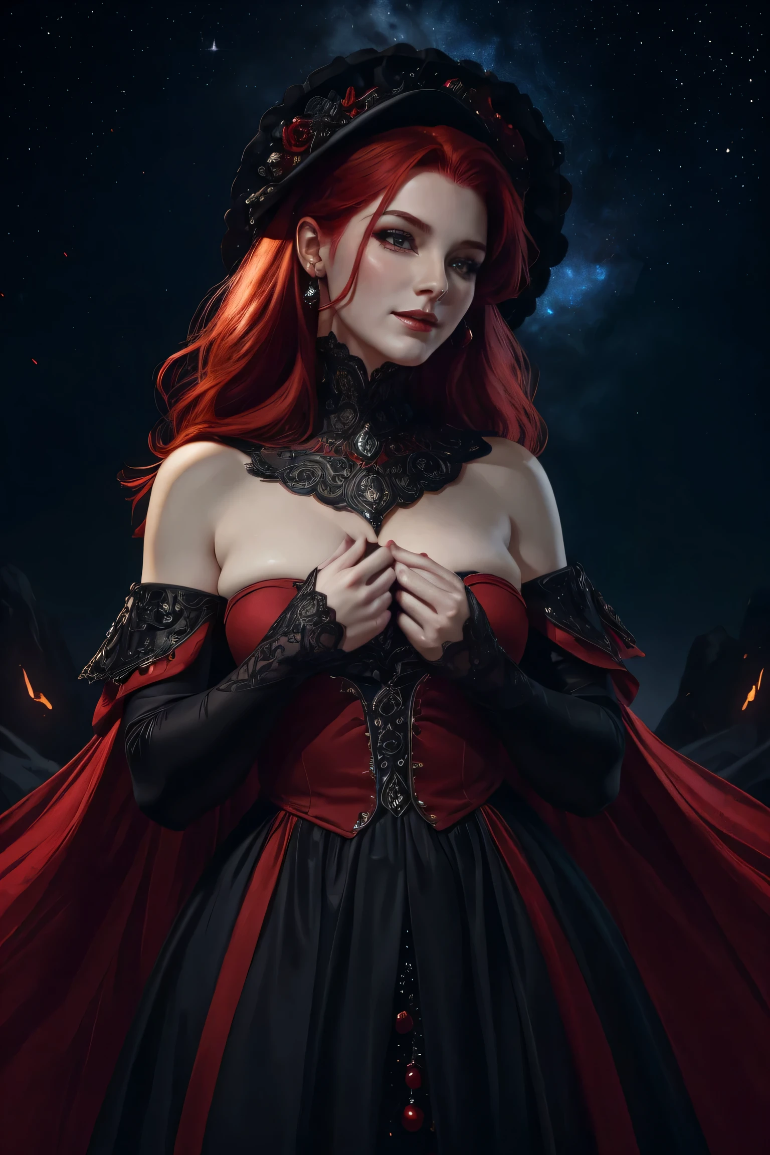 portrait shot, ((vivid red hair)), mature woman, 30 years old, diamond face, moonlight, red starry sky background, depth of field, magic, big red lips, ((dark black eyes)) black and red long and full dress, covered chest, mystical atmosphere, ominous shadows, Intense blue aura, Intense red aura (best quality:1.2), absurdres, intricate details, (highly detailed skin:1.2), smile expression, posing, taut and well defined body, attractive. Highly realistic, pale skin, beautiful, hyperrealism, skin very elaborated, direct gaze

