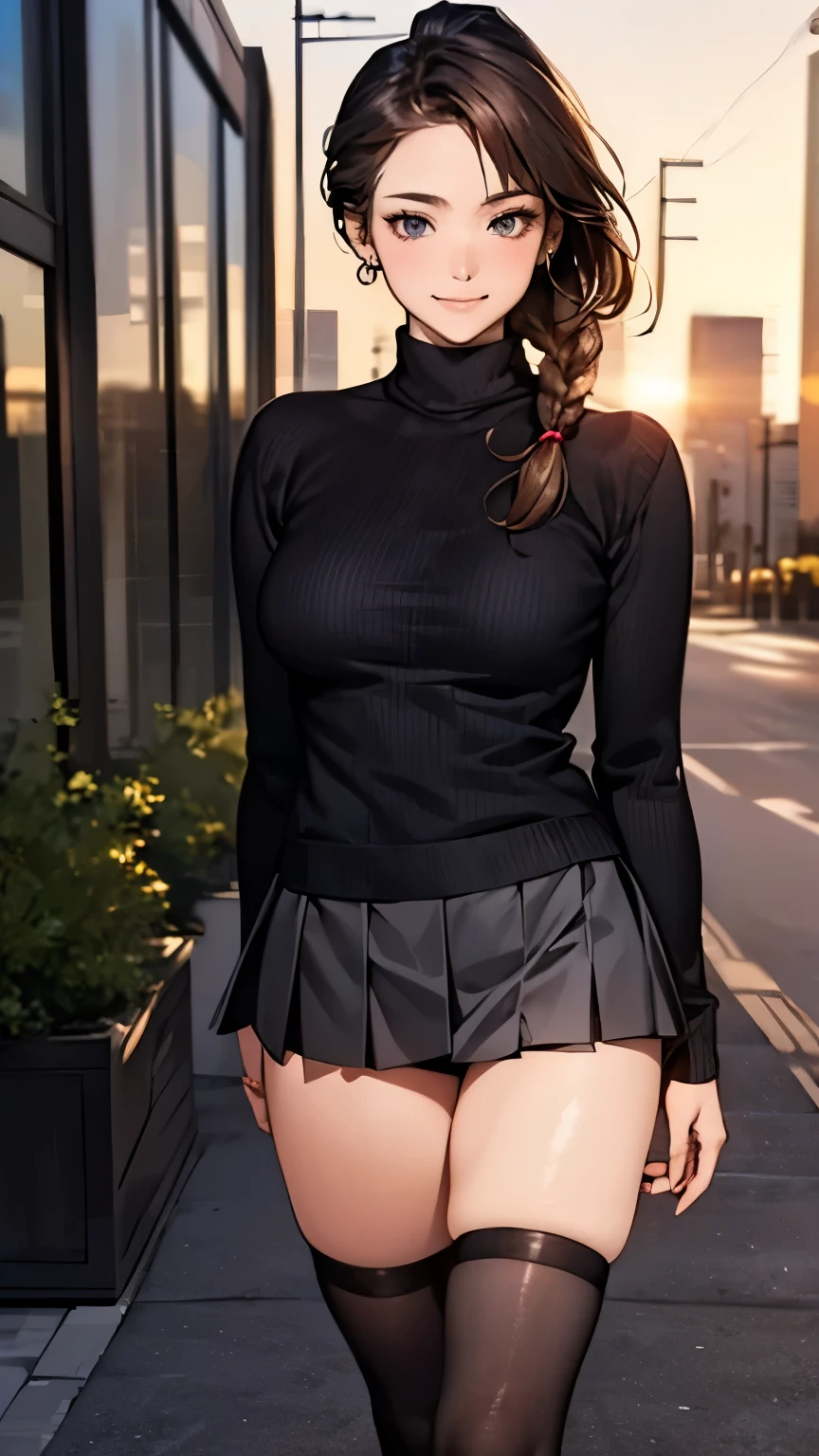 (masterpiece:1.2, highest quality), (realistic, photorealistic:1.4), beautiful illustrations, (natural side lighting, movie lighting), 
looking at the viewer, whole body, 1 girl, Japanese, high school girl, perfect face, Cute symmetrical face, shiny skin, baby face, 
(middle hair, high ponytail:1.2, light brown hair), braided bangs, asymmetrical bangs, blue eyes, (medium breasts, seductive thighs, big ass), earrings, 
beautiful hair, beautiful face, detailed and beautiful eyes, beautiful clavicle, beautiful body, beautiful breasts, beautiful thighs, beautiful feet, beautiful fingers, 
((abdomen, long sleeve, Merlot turtleneck sweater, black enamel pleated miniskirt, black thigh highs)), light blue striped panties, 
(beautiful scenery), evening, modern, cityscape, Are standing, (cute smile, upper eye),