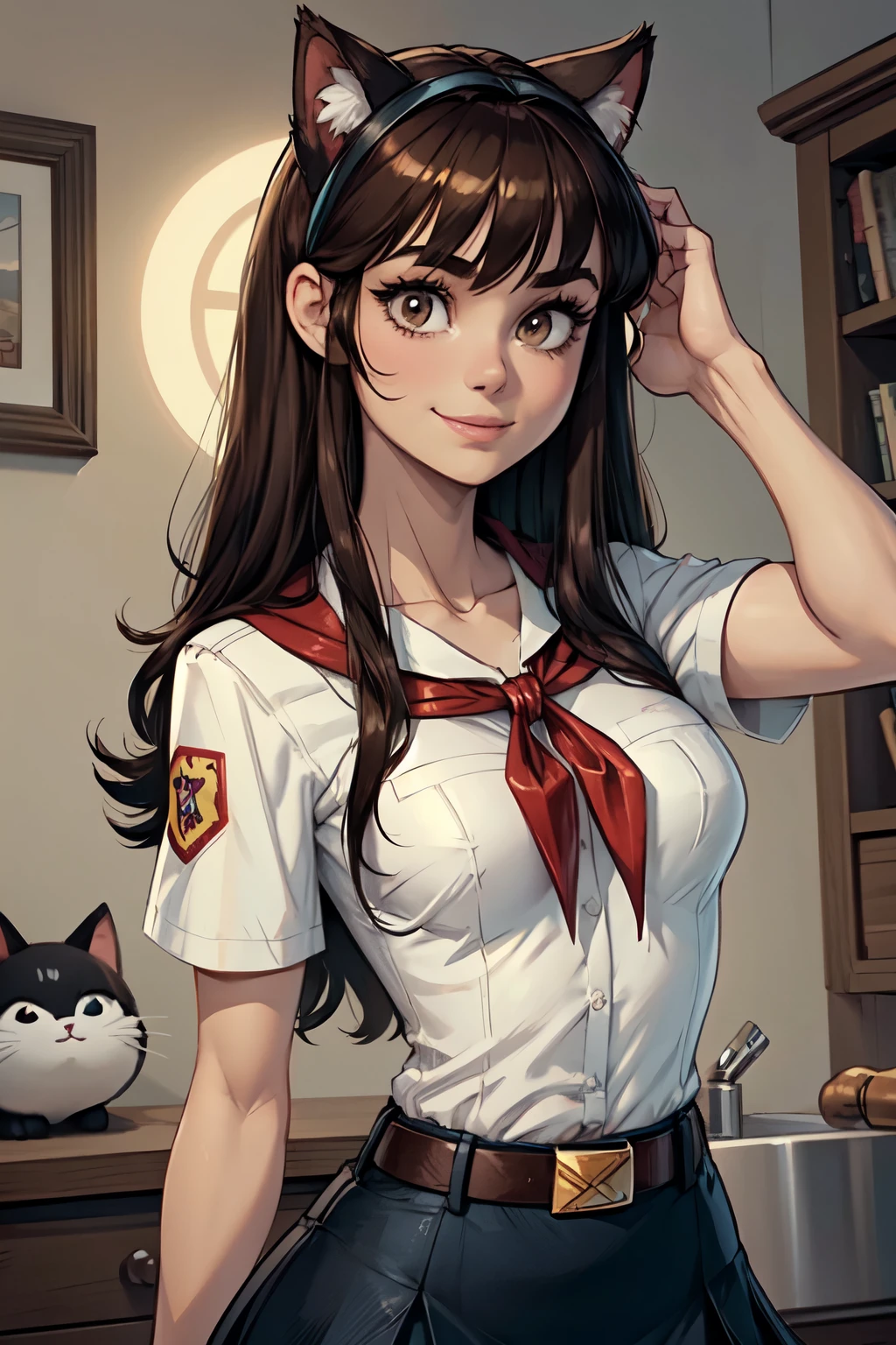 very young slim fit girl, at full height, rounded face, very long disheveled dark brown hair, big brown eyes, shy smile, perfect flat breast, band on head with fake cat ears, parororo, pioneer neckerchief, blue thight microskirt, bangs, shirt, collarbone, white shirt, short sleeves, collared shirt, belt, neckerchief, eyelashes, red neckerchief, breast pocket 