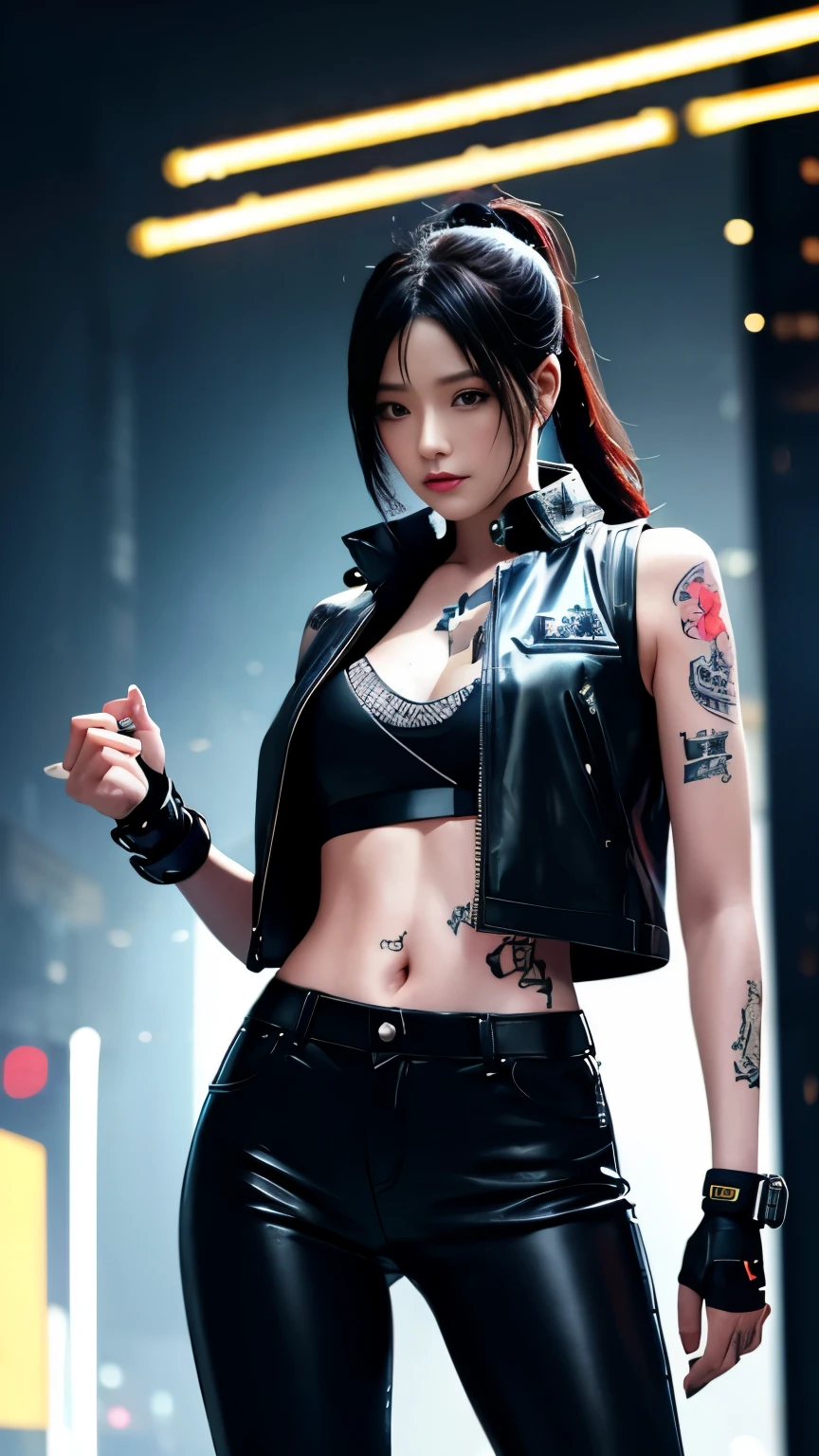 (highest quality)，masterpiece，Super detailed，8K, UHD，Beautiful woman，japanese woman，No expression，whole body，((tattoo))，slim，black leather pants，black leather vest，(female mafia)，gangster，(cyberpunk city)，night，cinematic lightening，underworld