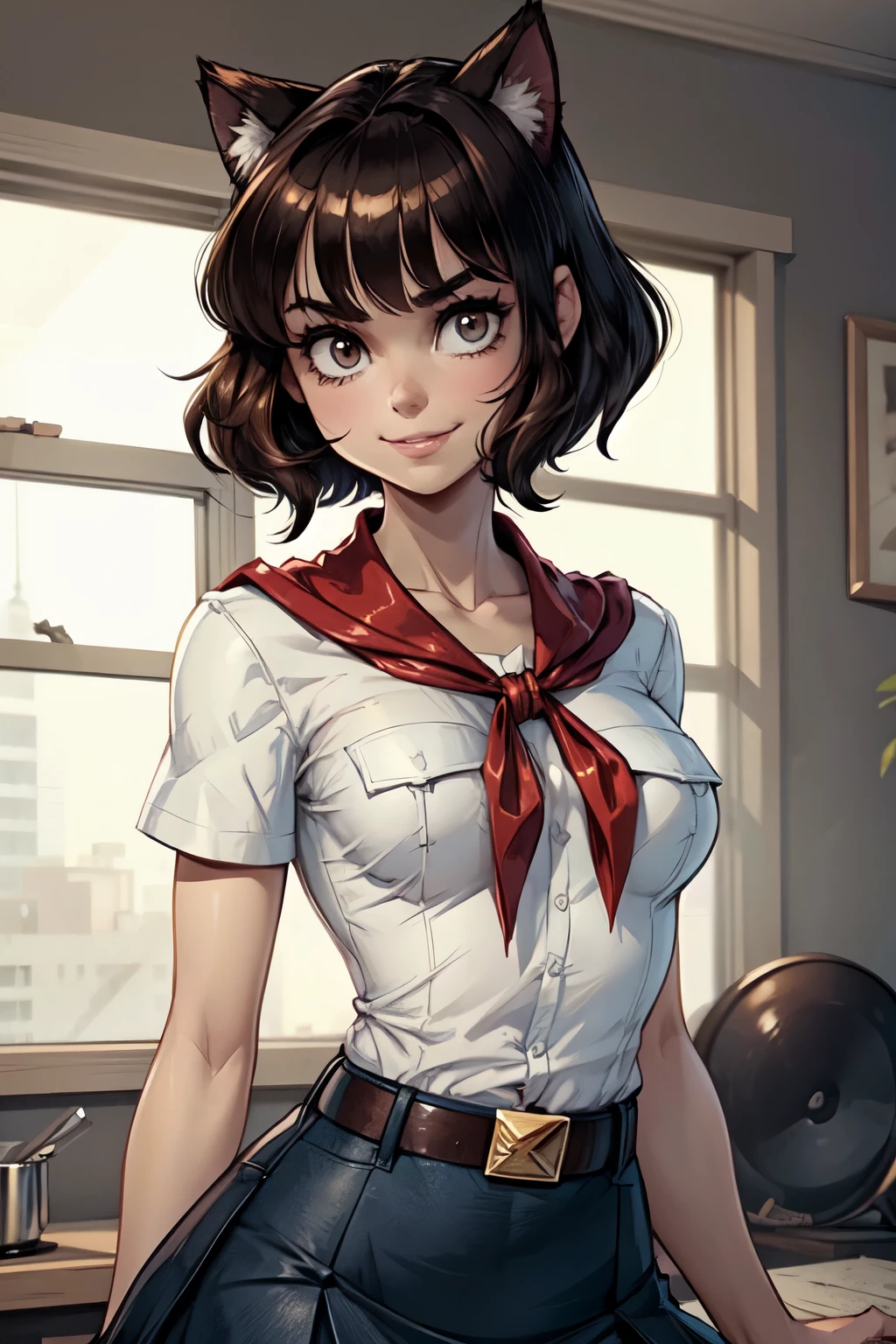 (young girl:1.4), very young slim fit girl, at full height, rounded face, snub nose, very long disheveled dark brown hair, big brown eyes, shy smile, (perfect flat breast:1.3), band on head with fake cat ears, parororo, pioneer neckerchief, blue thight microskirt, bangs, shirt, collarbone, white shirt, short sleeves, collared shirt, belt, neckerchief, eyelashes, red neckerchief, breast pocket
