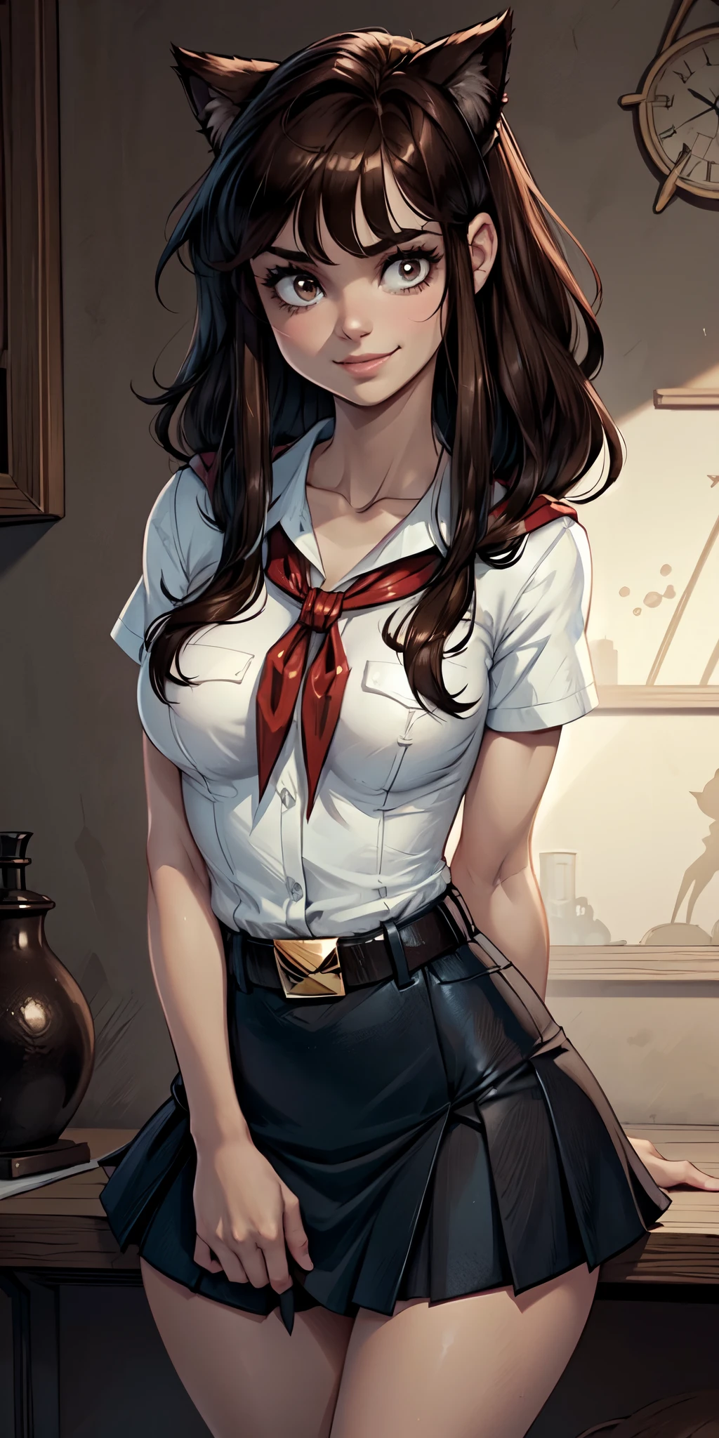 (young girl:1.4), very young slim fit girl, at full height, rounded face, snub nose, (very long disheveled dark brown hair:1.4), big brown eyes, shy smile, (perfect flat breast:1.3), band on head with fake cat ears, parororo, pioneer neckerchief, blue thight microskirt, bangs, shirt, collarbone, white shirt, short sleeves, collared shirt, belt, neckerchief, eyelashes, red neckerchief, breast pocket 