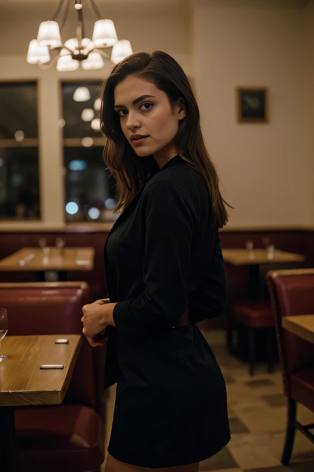 Arafed woman in a black dress standing in a restaurant - SeaArt AI