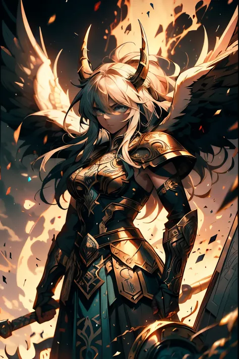 (norse mythology valkyrie), . Her hair is disheveled,  wonderful wonderful、complicated、meticulously detailed、A maximalist digita...