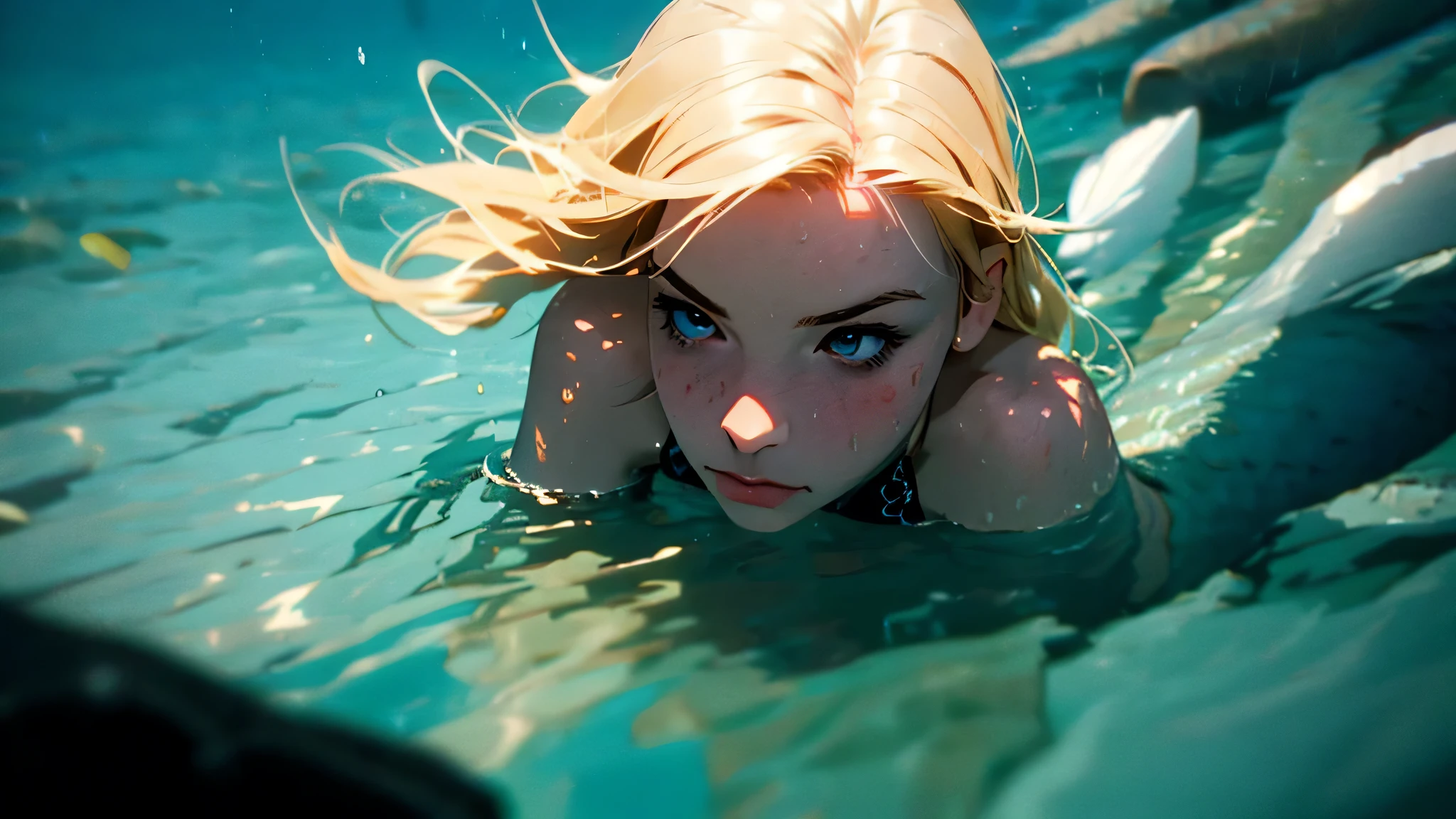 1girl, realistic, expressionless, blonde hair, young, a mermaid, small breasts, covered breast, looking at viewer, swimming underwater surrounded by abyssal fish. Dark tones, cinematic angle, depth of field, bokeh, full body view, dynamic pose