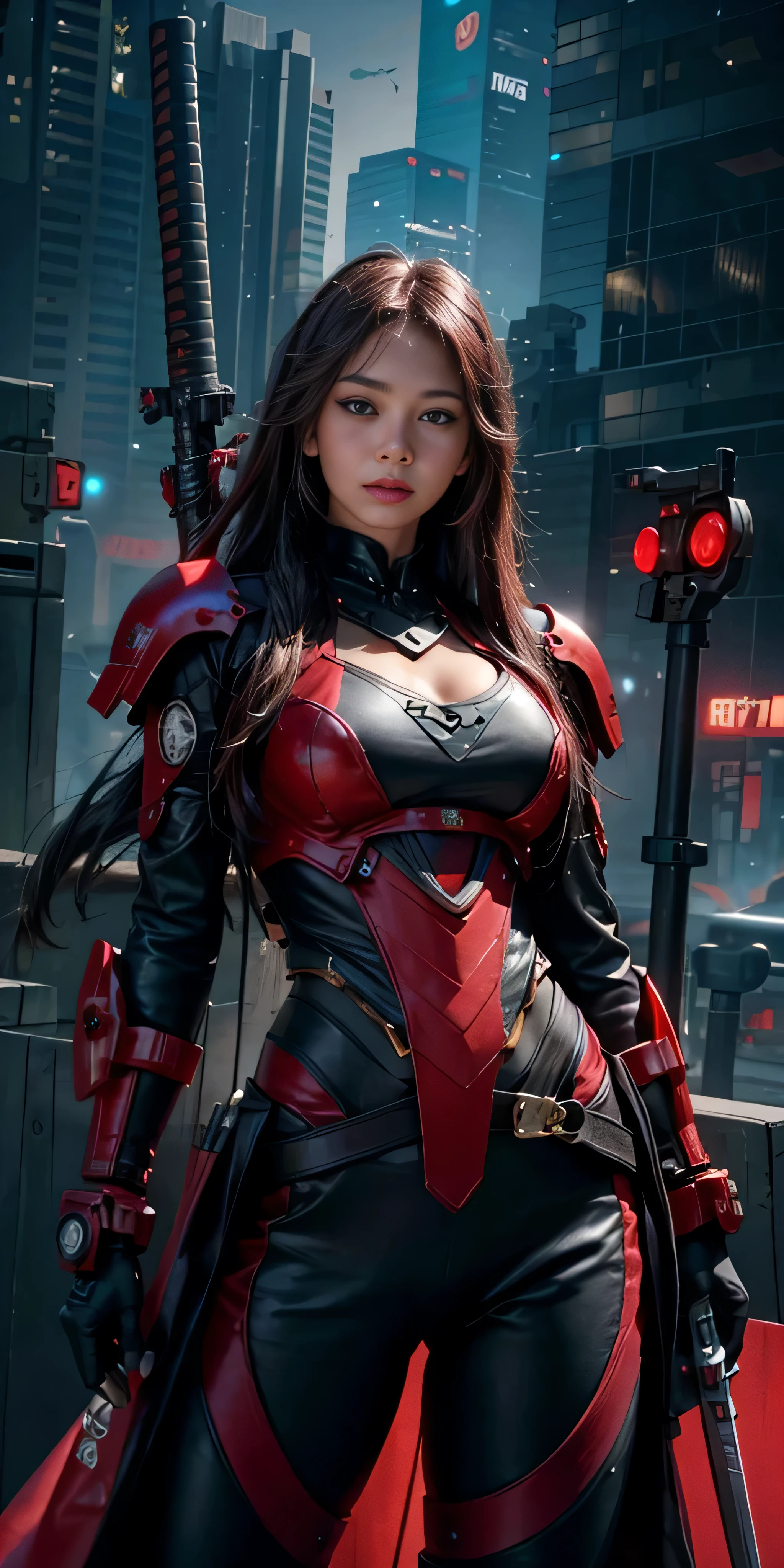 photorealistic, high resolution, soft light,1women, solo, hips up, (detailed face), red long hair, cybersamurai, cyborg, cyberpunk,  cyber armor, holding weapon,glowing,gun, city at night