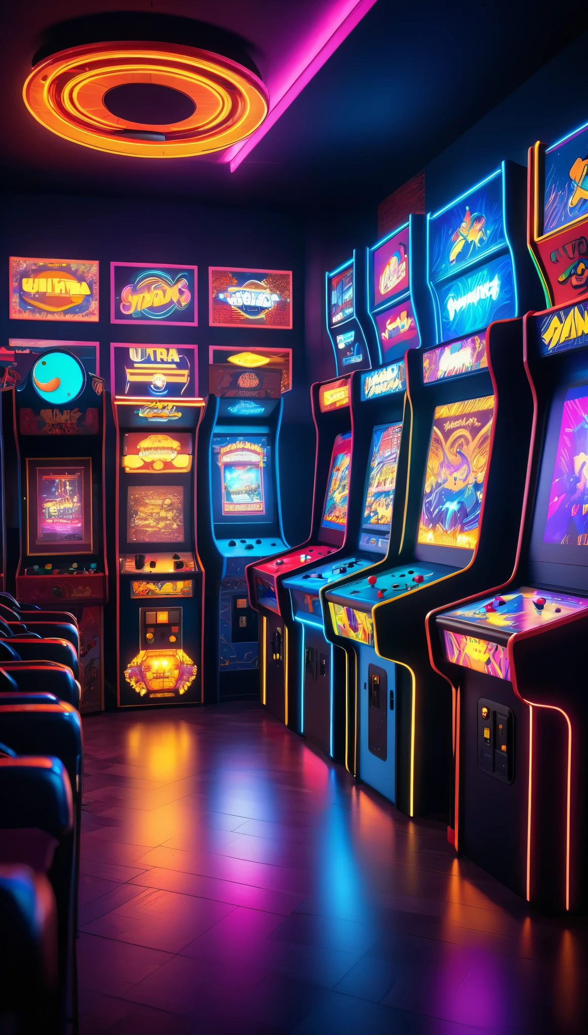 glowing retro game arcade,game room,window,night,sharp focus,gorgeous color grading,cinematic lighting,ultra-detailed,8k,vibrant colors,raytracing,masterpiece