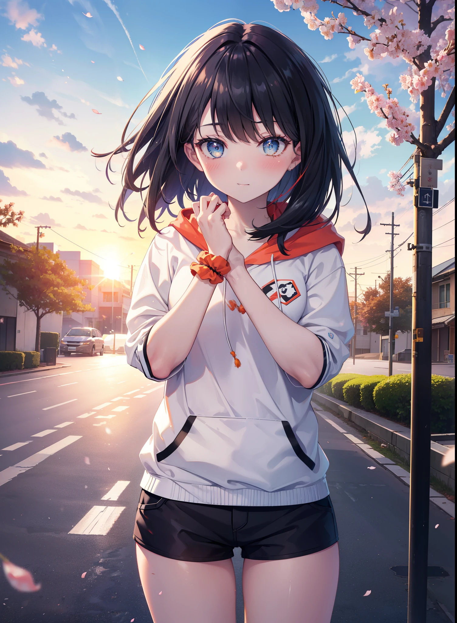 It&#39;s a good body, rikka takarada, black hair, blue eyes, long hair, orange Scrunchie, Scrunchie, wrist Scrunchie,smile,blush,red oversized hoodie,white t-shirt,shorts,black stockings,short boots,morning,morning日,the sun is rising,cherry blossoms are blooming,Cherry blossoms are scattered,
break outdoors, In town,residential street,
break looking at viewer, (cowboy shot:1.5),
break (masterpiece:1.2), highest quality, High resolution, unity 8k wallpaper, (figure:0.8), (detailed and beautiful eyes:1.6), highly detailed face, perfect lighting, Very detailed CG, (perfect hands, perfect anatomy),