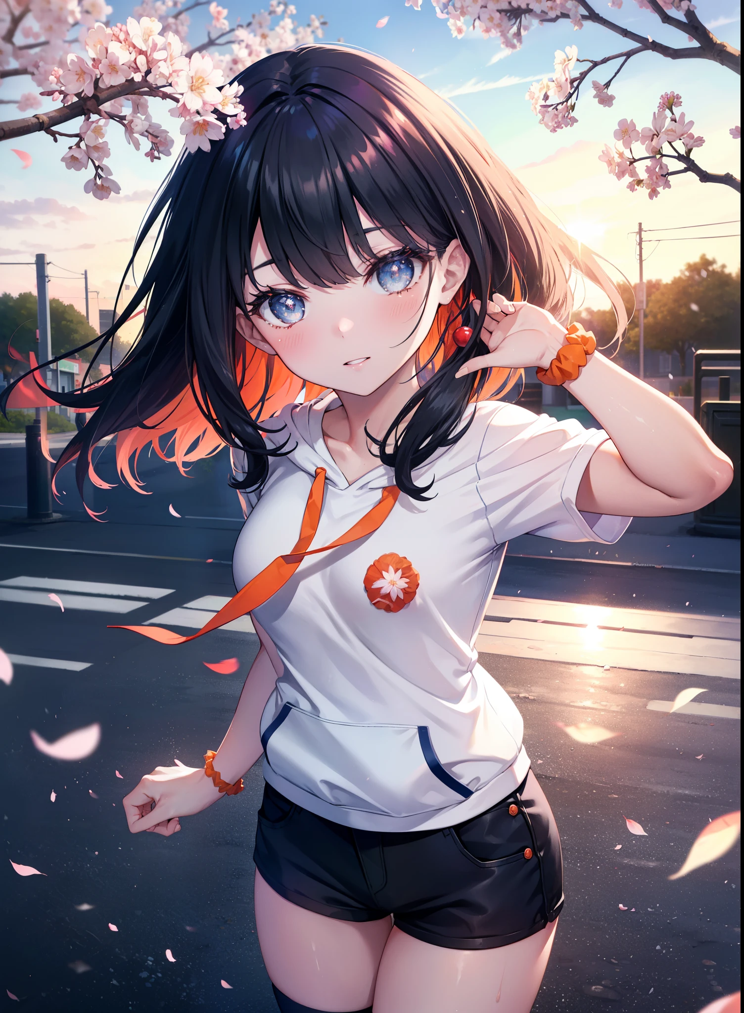 It&#39;s a good body, rikka takarada, black hair, blue eyes, long hair, orange Scrunchie, Scrunchie, wrist Scrunchie,smile,blush,open your mouth,red oversized hoodie,white t-shirt,shorts,black stockings,short boots,morning,morning日,the sun is rising,cherry blossoms are blooming,Cherry blossoms are scattered,
break outdoors, In town,residential street,
break looking at viewer, (cowboy shot:1.5),
break (masterpiece:1.2), highest quality, High resolution, unity 8k wallpaper, (figure:0.8), (detailed and beautiful eyes:1.6), highly detailed face, perfect lighting, Very detailed CG, (perfect hands, perfect anatomy),