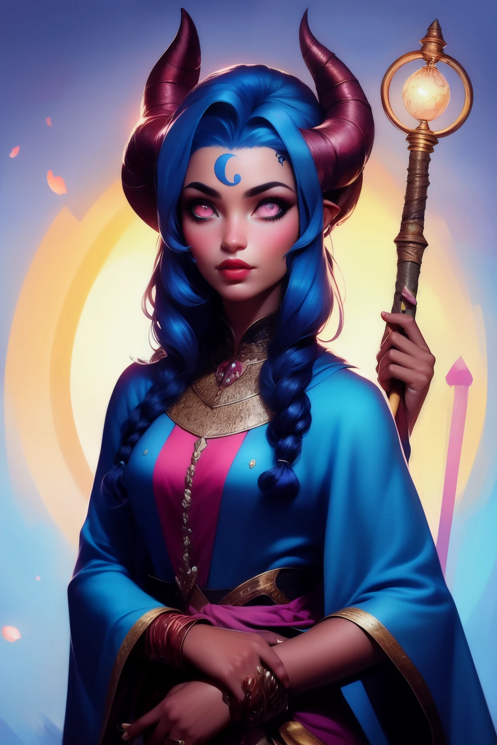 ((Melhor qualidade)), ((obra de arte)), (detalhado), rosto perfeito
tiefling feminina, chifres pequenos, olhos azuis, cabelo comprido azul escuro, holding a magic staff, pele rosa