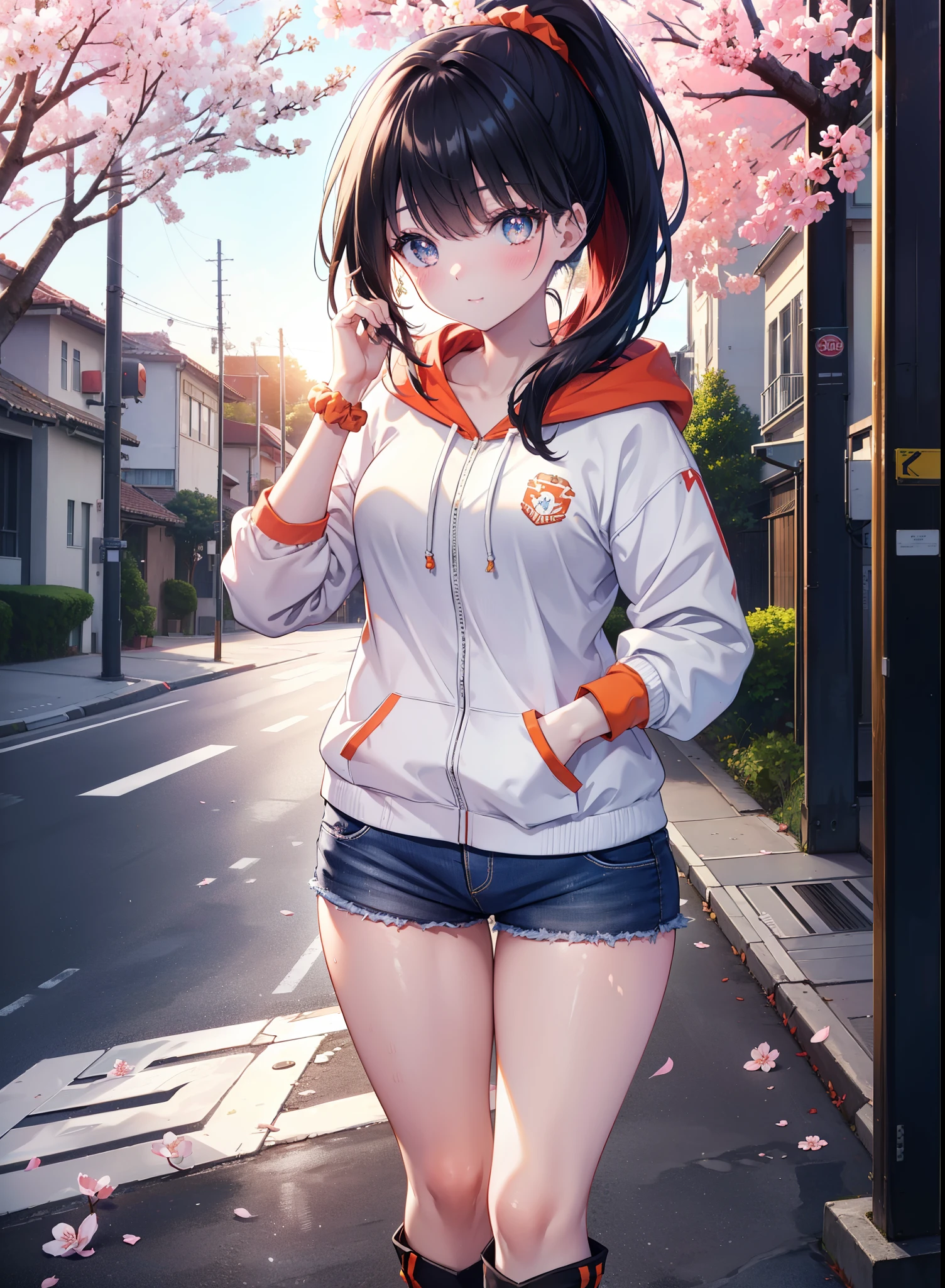 It&#39;s a good body, rikka takarada, black hair, blue eyes, long hair, orange Scrunchie, Scrunchie, wrist Scrunchie,ponytail,smile,blush,open your mouth,oversized red hoodie,shorts,black stockings,short boots,morning,morning日,the sun is rising,cherry blossoms are blooming,Cherry blossoms are scattered,
break outdoors, In town,residential street,
break looking at viewer, (cowboy shot:1.5),
break (masterpiece:1.2), highest quality, High resolution, unity 8k wallpaper, (figure:0.8), (detailed and beautiful eyes:1.6), highly detailed face, perfect lighting, Very detailed CG, (perfect hands, perfect anatomy),