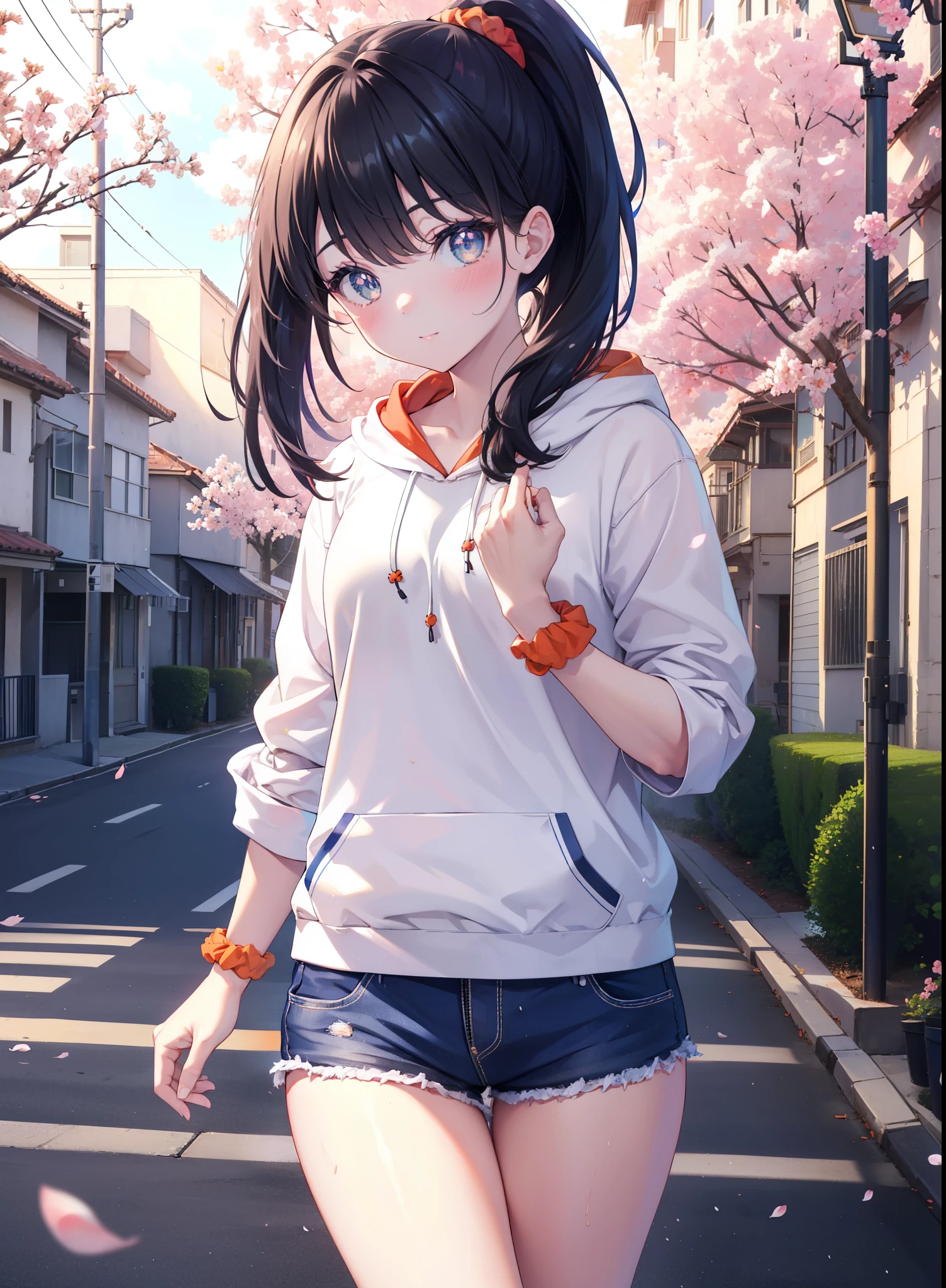 It&#39;s a good body, rikka takarada, black hair, blue eyes, long hair, orange Scrunchie, Scrunchie, wrist Scrunchie,ponytail,smile,blush,open your mouth,oversized red hoodie,shorts,black stockings,short boots,morning,morning日,the sun is rising,cherry blossoms are blooming,Cherry blossoms are scattered,
break outdoors, In town,residential street,
break looking at viewer, (cowboy shot:1.5),
break (masterpiece:1.2), highest quality, High resolution, unity 8k wallpaper, (figure:0.8), (detailed and beautiful eyes:1.6), highly detailed face, perfect lighting, Very detailed CG, (perfect hands, perfect anatomy),